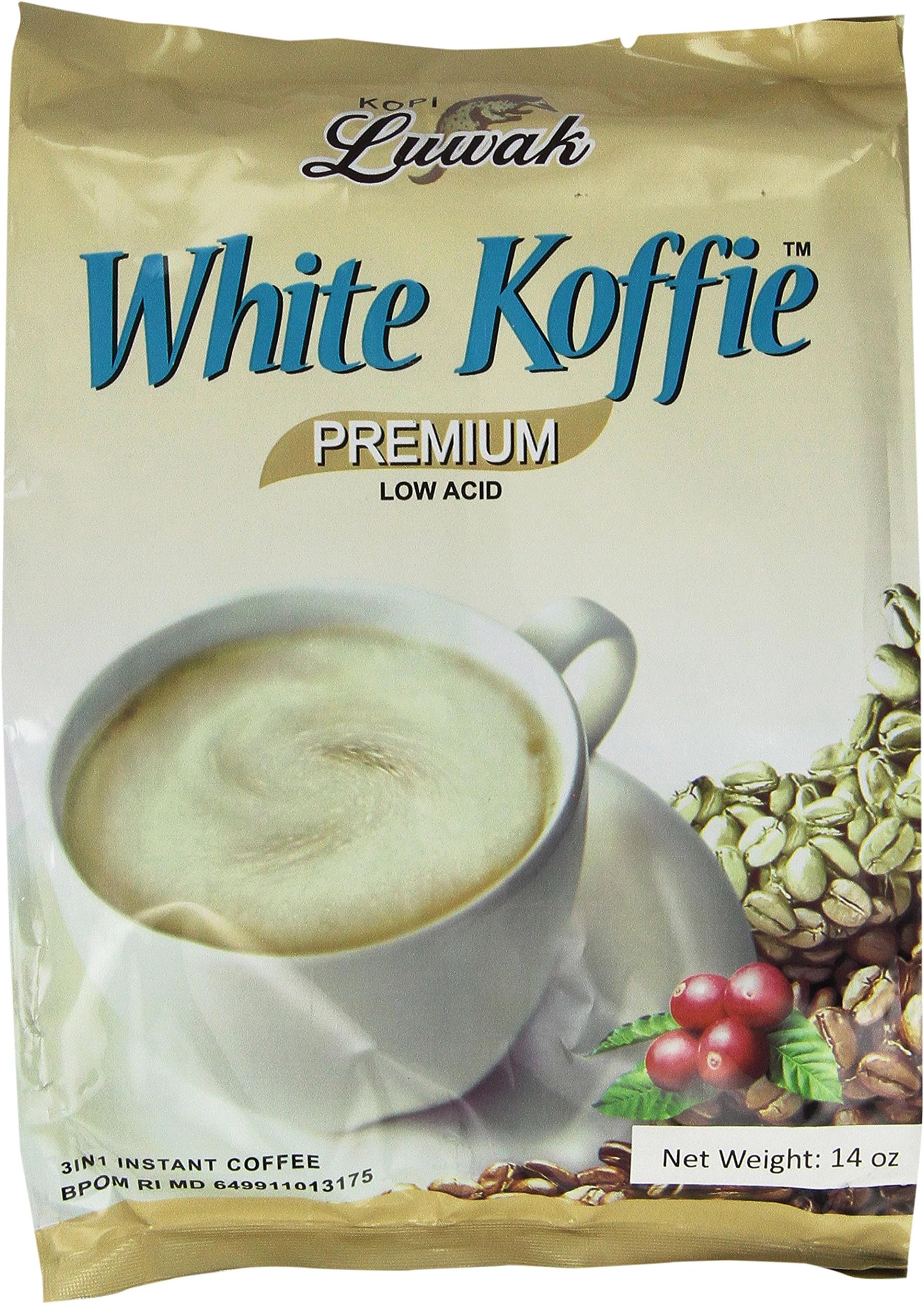 LUWAK White Koffie LOW ACID (3in1) Instant Coffee 13.5oz, Pack of 20 sachets