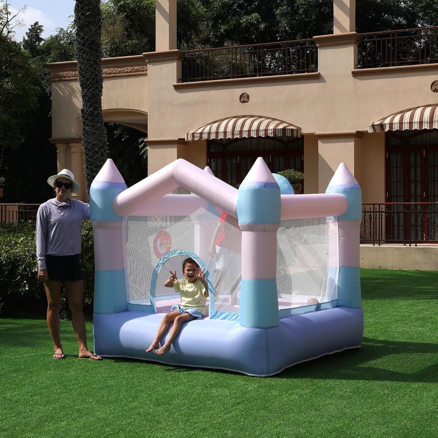 Mini Bounce House, Inflatable Bouncer with Blower for Kids 3-8, 7.05 ft L x 6.88 ft W x 6.39 ft H Bouncy Castle with Basketball Hoop, Target Game for Backyard