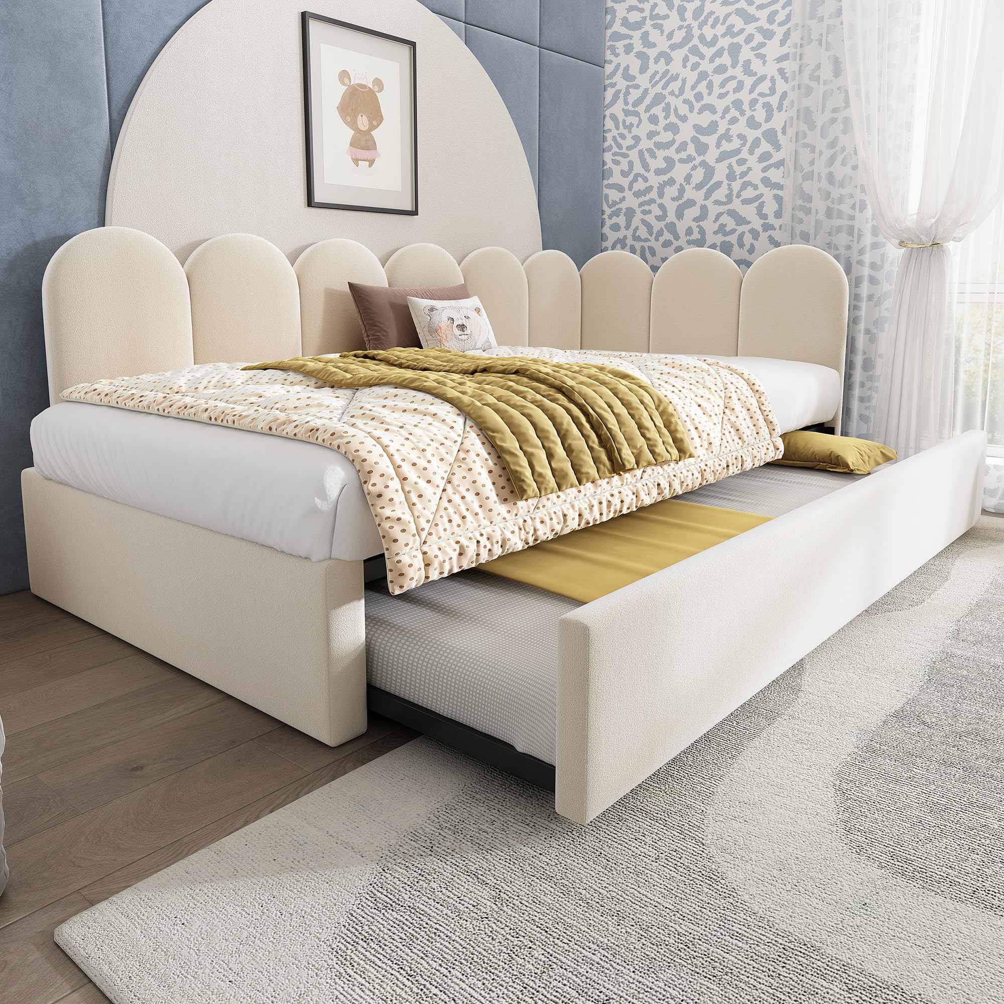 Letto imbottito, 90 x 200 cm, divano letto estraibile 90 x 190 cm, letto per bambini con rete a doghe in metallo, velluto, senza materasso (beige con letto estraibile, 90 x 200 cm)