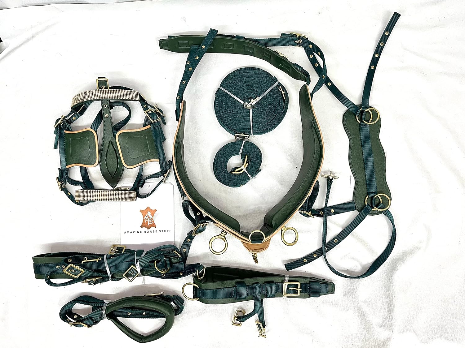 Olive Green Nylon Driving Harness | Beige Patent Piping | Full | Cob | Pony | Shetland | Mini |