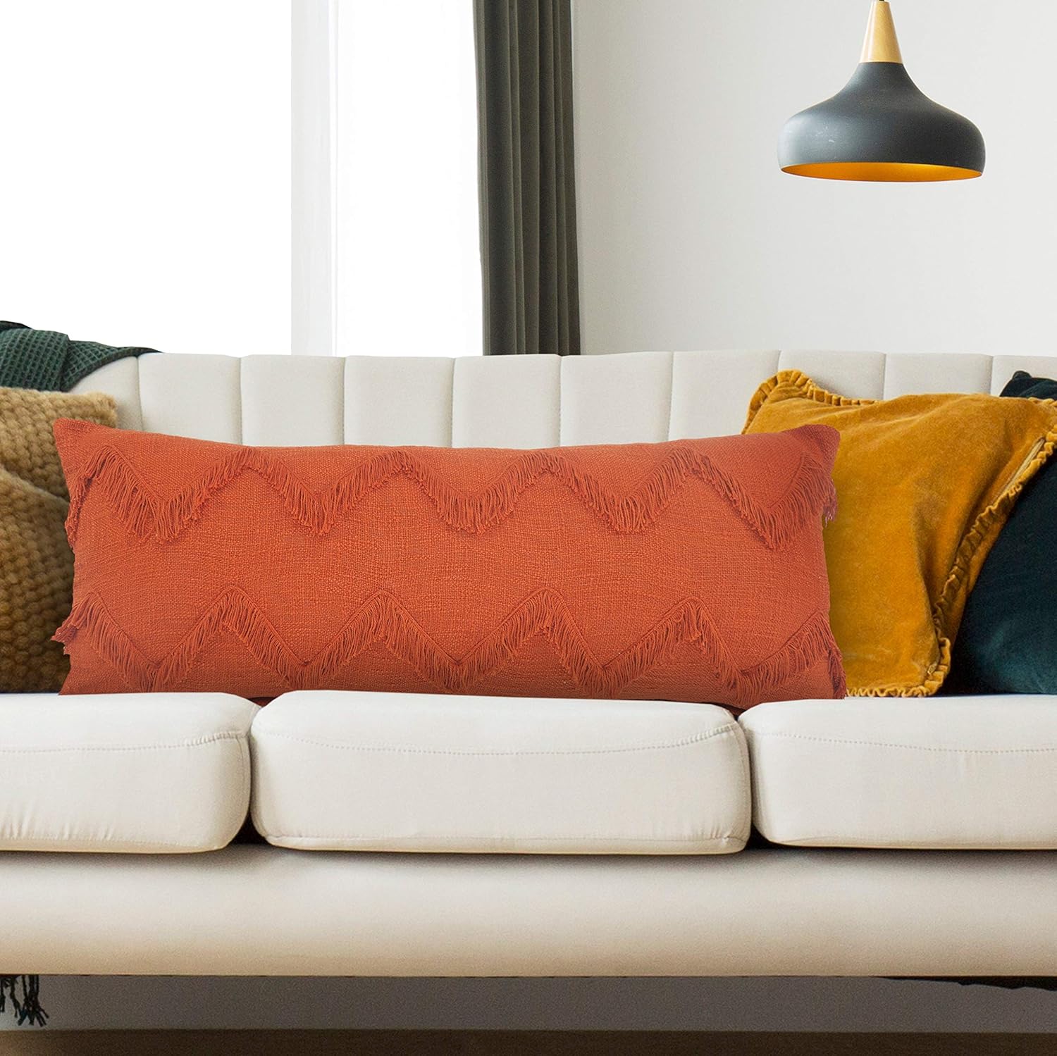 LR Home 14" x 36" Cotton Lumbar Throw Pillow for Home Decor | Decorative Pillow for Couch & Bed | Cinnamon