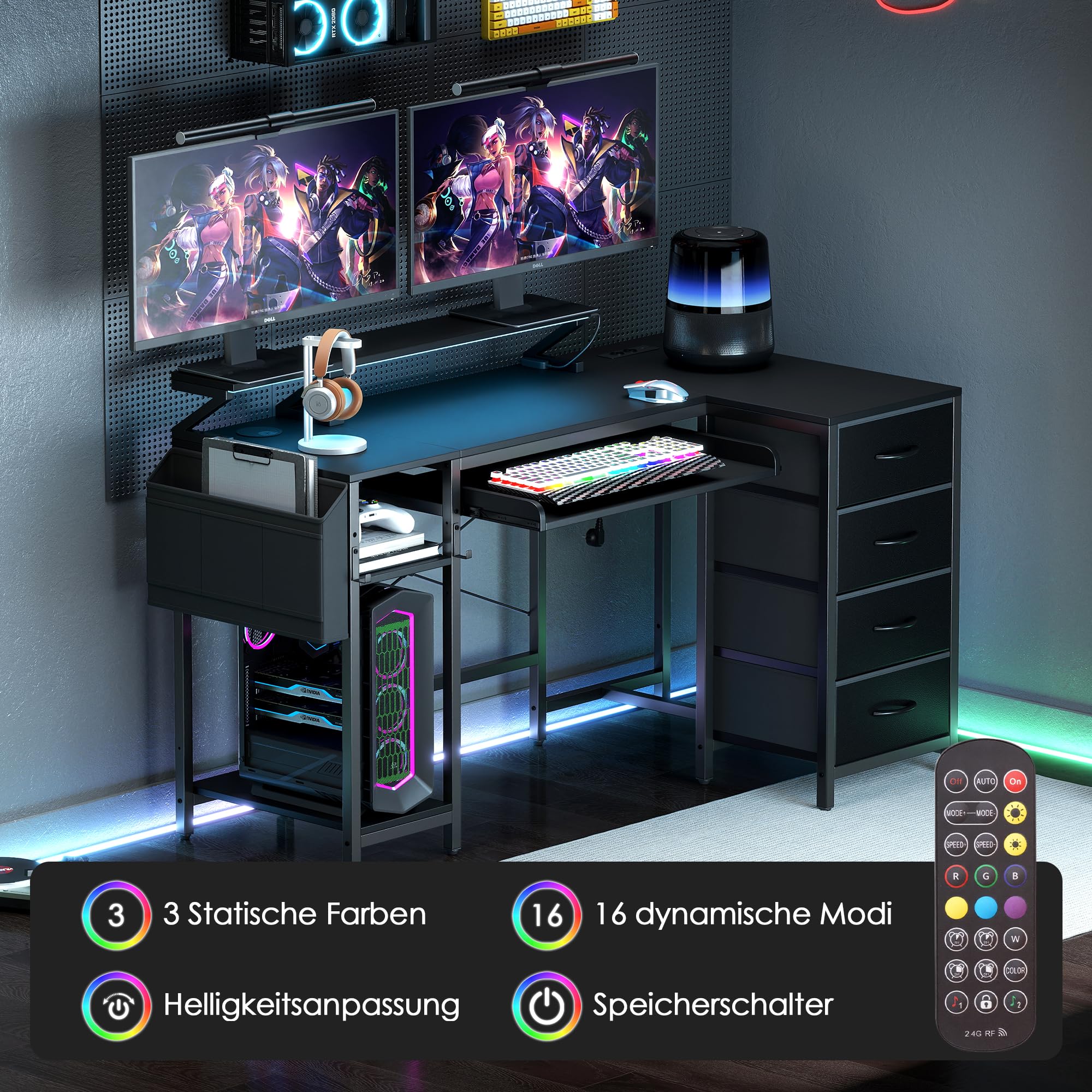 L-Förmiger Schreibtisch 140cm mit Tastaturauszug Gamingtisch mit USB-Ladeanschluss & Steckdose Computertisch mit RGB Beleuchtung & Schubladen für Arbeit, Studium, Freizei, Schwarz