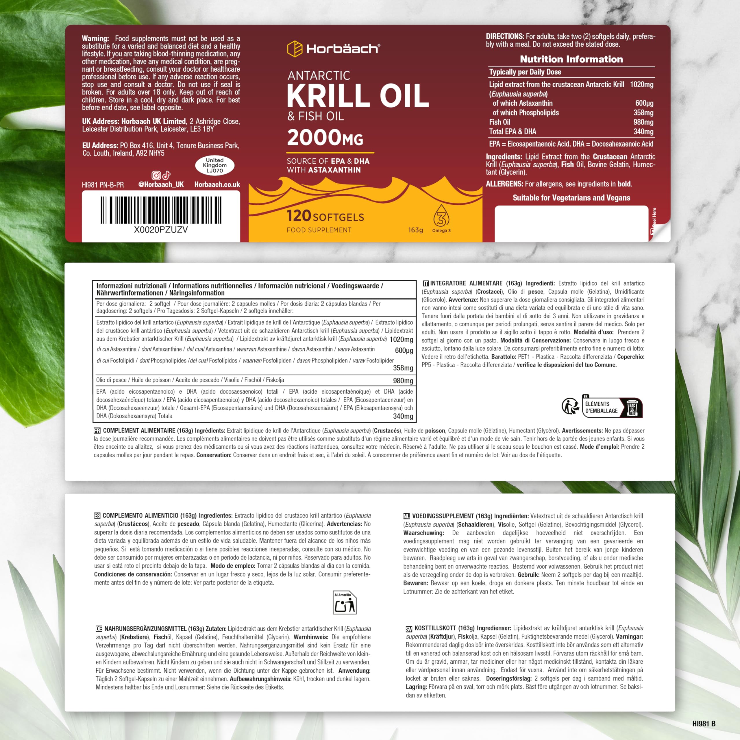 Huile de Krill 2000mg avec Astaxanthine et Phospholipides | 120 Gélules | Acides Gras Oméga 3 avec EPA et DHA | Complément Alimentaire Huile de Poisson | Antarctic Krill Oil Supplement | Horbaach