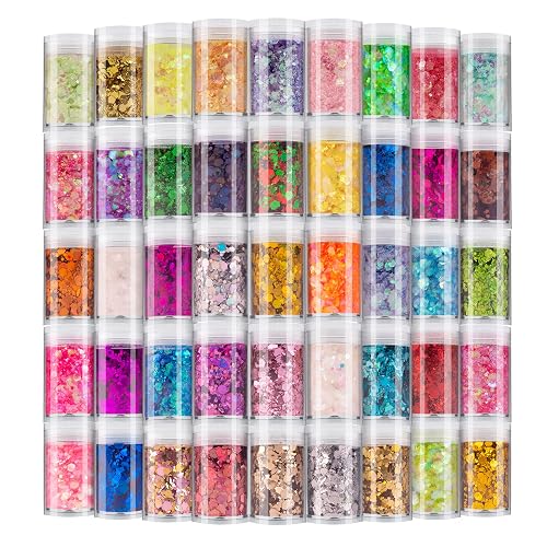 Holographic Chunky and Fine Glitter Mix, 45 Colors Festival Sequins & Powder, Iridescent Flakes, Cosmetic Face Body Eye Hair Nail Art Resin Tumbler Loose Glitter