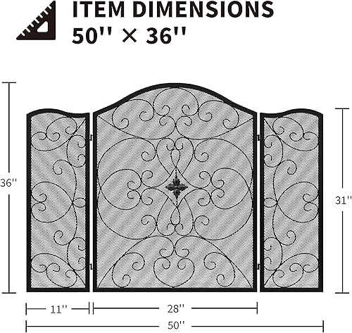 Miniatura 5 de Pantalla para chimenea de 3 paneles de hierro forjado de 50 pulgadas de largo x 36 pulgadas de alto, moderno, plegable, de seguridad, para cerca,