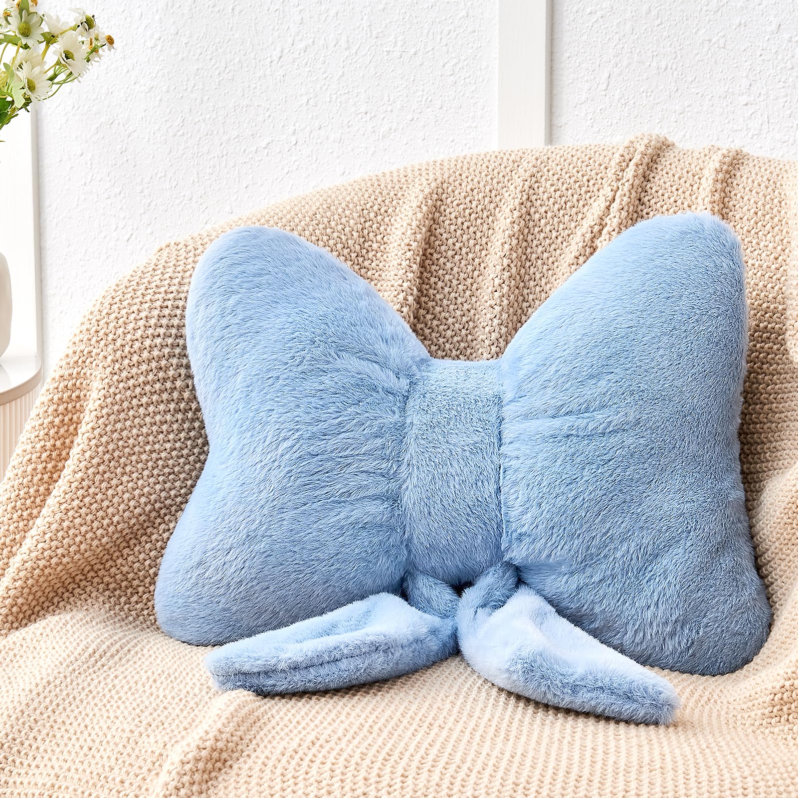 Mepherl Dusty Blue Bow Pillow,12'' Bow Decorative Pillows with Faux Rabbit Fur,Soft Bow Throw Pillows Aesthetic Bow Shaped Pillow for Bed Sofa Couch