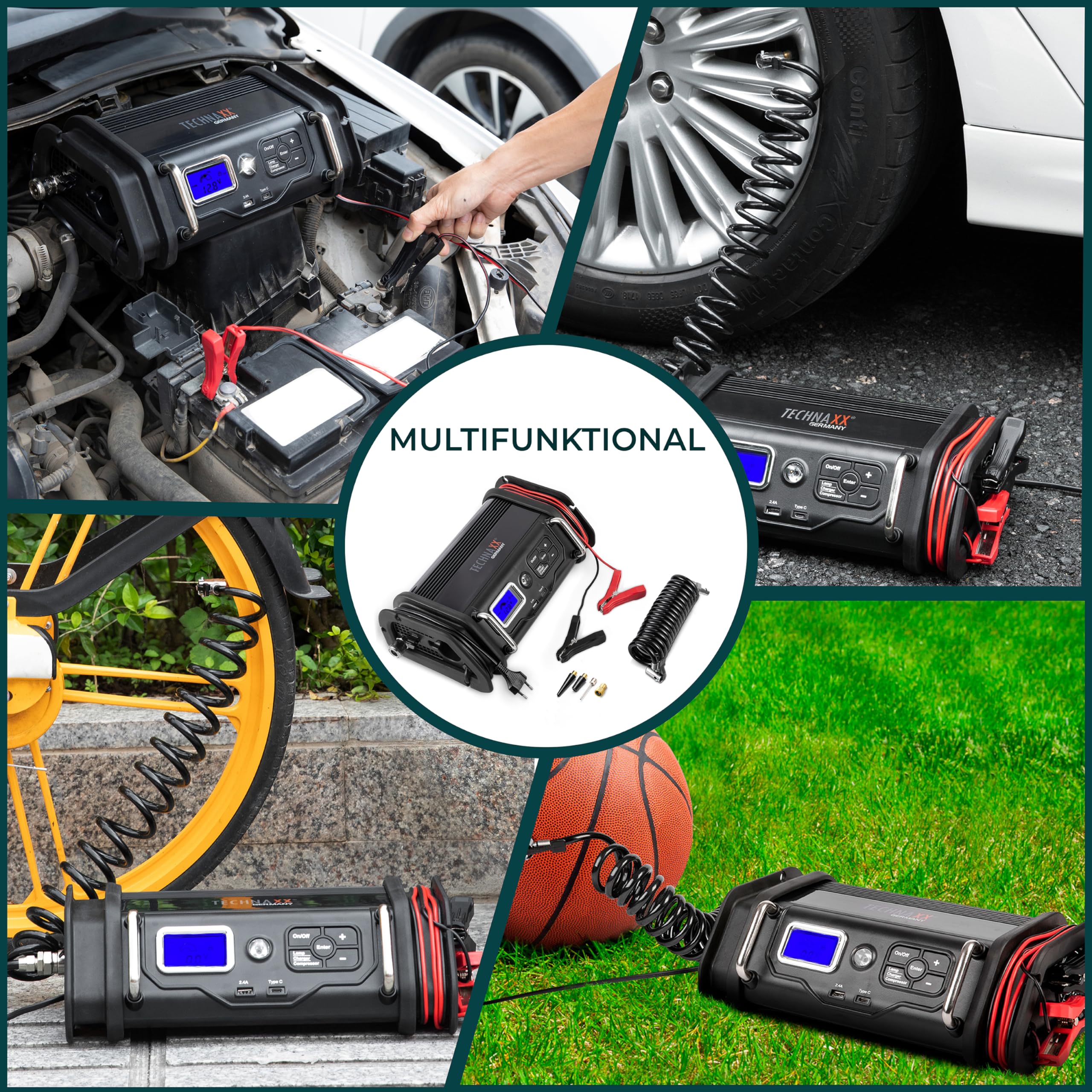 Technaxx Caricabatterie 10A con compressore d'aria TX-193 - Caricabatterie 6-12V per batterie auto e moto - Regolatore di pressione digitale, spegnimento automatico, adattatori vari