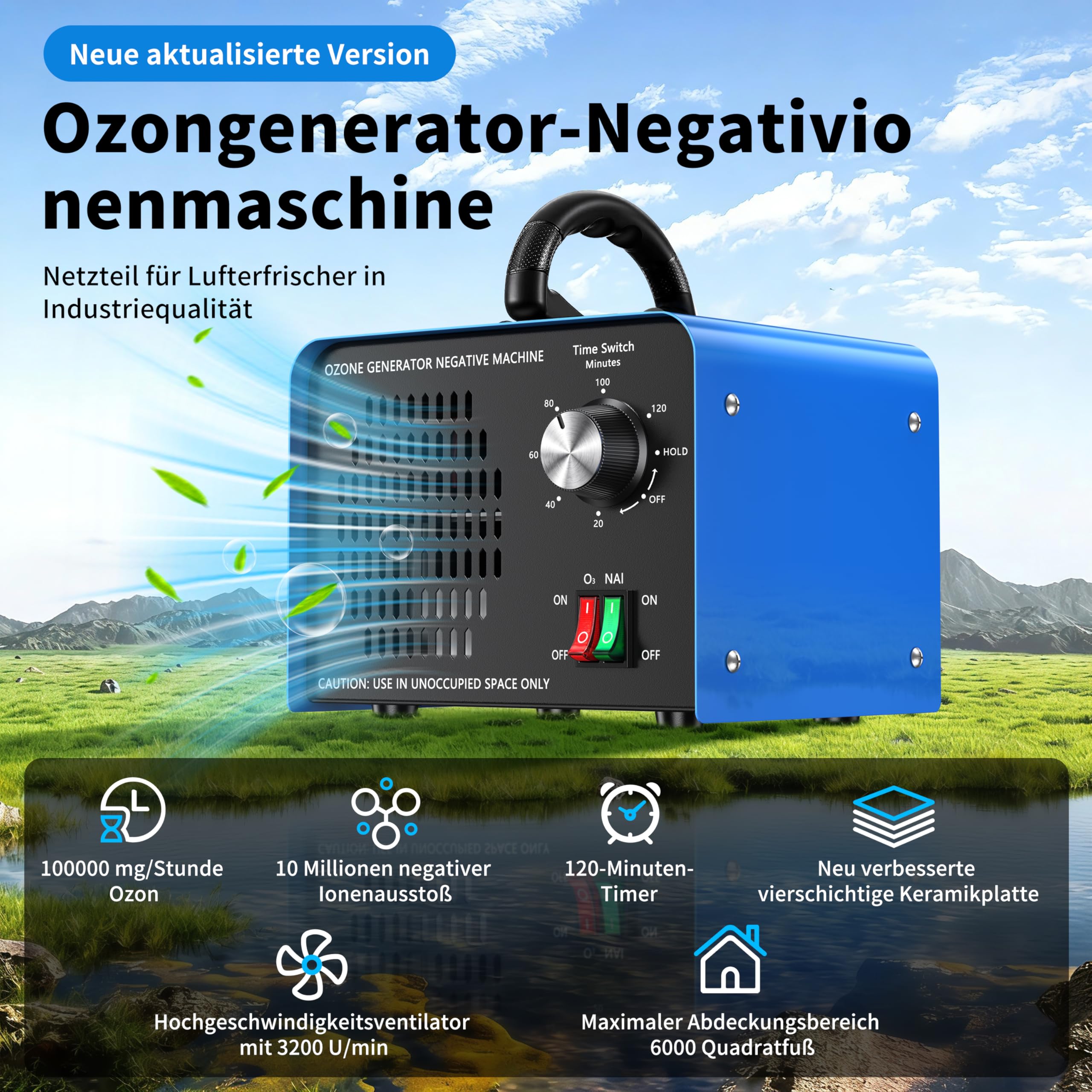 Ozongenerator 100000 mg/h,Ozongerät mit negativen Ionen und 120Min-Timer,ozon luftreiniger zur Geruchsbeseitigung für Auto,Zuhause,Haustiere,Rauch,gewerbliche/industrielle Nutzung/Anwendbar 600m²-Blue