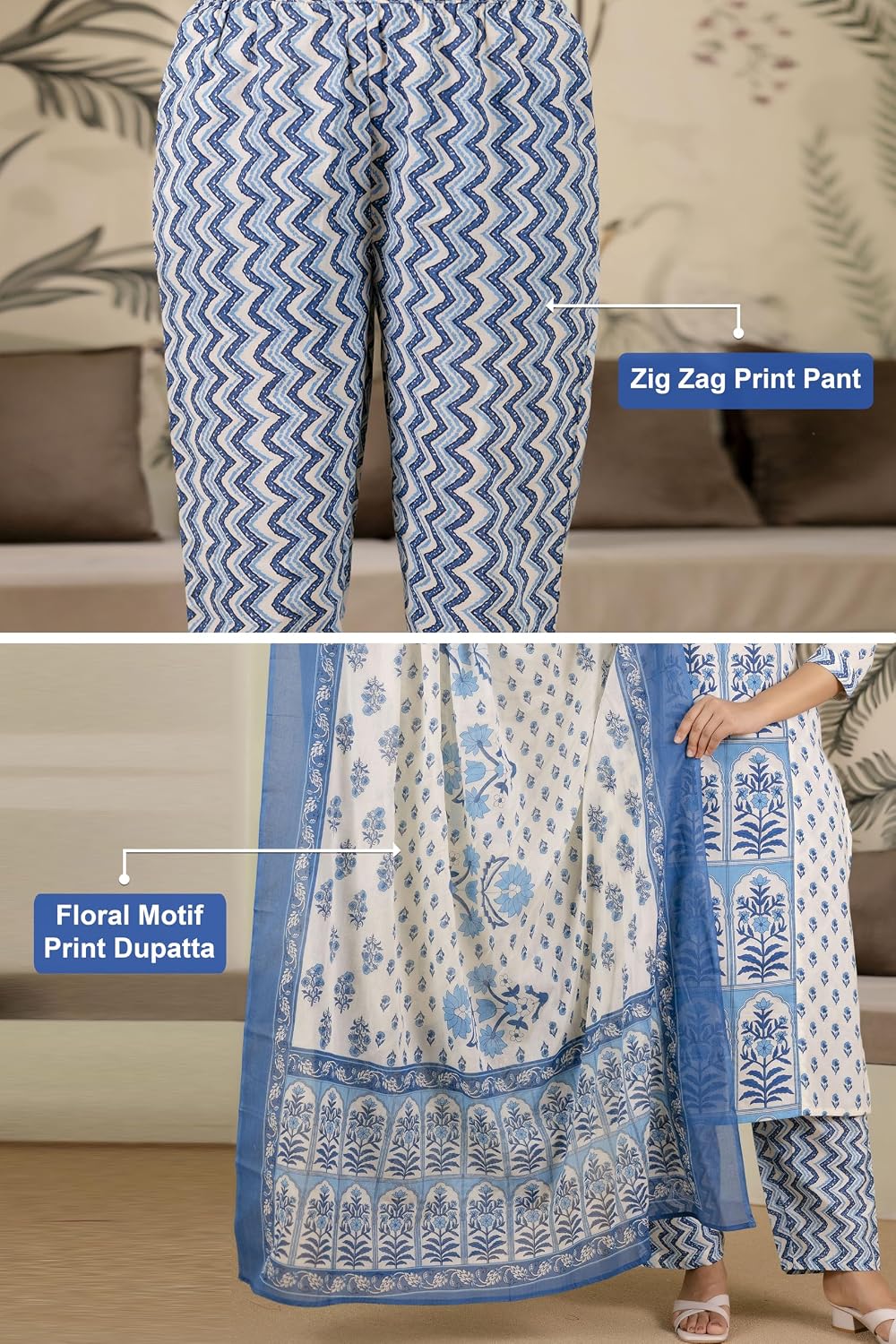 TRENDMALLS Women’s Pure Cotton Embroidery Neck Work Mughal-inspired Jaipuri Handblock Print Kurta Pant with Dupatta Set