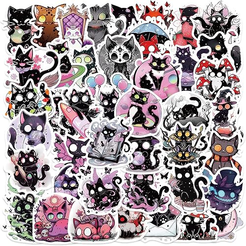 Calcomanías de gato negro, 50 unidades, calcomanías góticas de gato, lindas calcomanías estéticas góticas en colores pastel para niñas, niños,