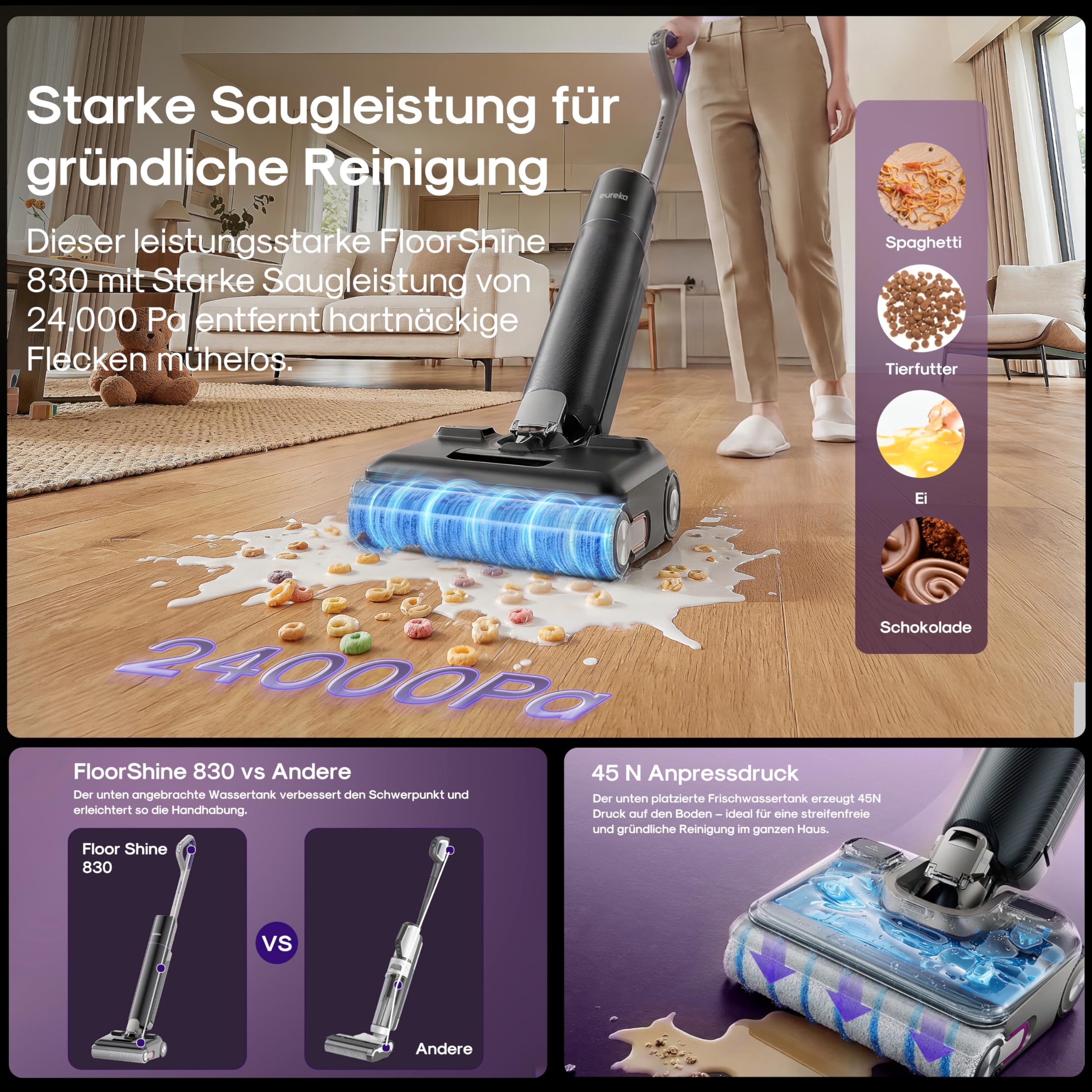 Eureka FloorShine 830 Nass Trockensauger Akku für Hartböden, 24.000 Pa Saugwischer 180° Flachliege, Anti-Tangle 3,0, Selbstreinigung & 75°C Heißlufttrocknung, 60 Min Laufzeit, Nasssauger Böden