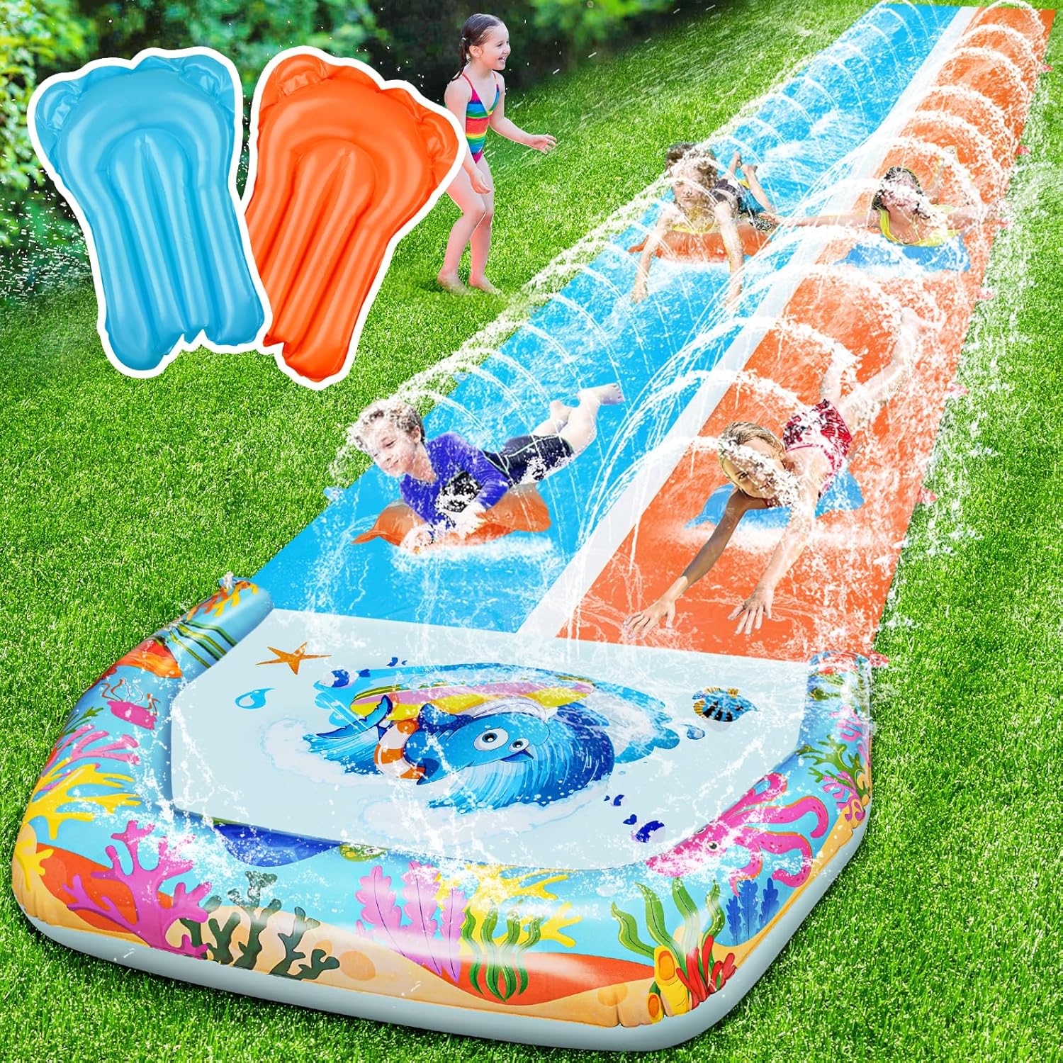 40FT Slip Double Water Slides with 2 Bodyboards, Extra Long Lawn Water Slides for Kids Adults Heavy Duty, Giant Outdoor Water Slip Toys with Crash Pad for Backyard Summer Party