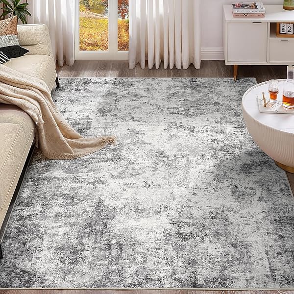 8x10 Area Rug Living Room Rugs - Washable Neutral Modern Abstract Soft Thin Rug Indoor Floor No Slip Rug Carpet for Bedroom Under Dining Table Home Office Decor - Grey