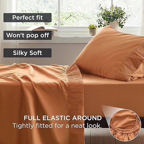 Miniatura 6 de Bedsure - Juego de sábanas tamaño individual, suaves, color naranja tostado, juego de sábanas de microfibra de poliéster, de fácil cuidado,