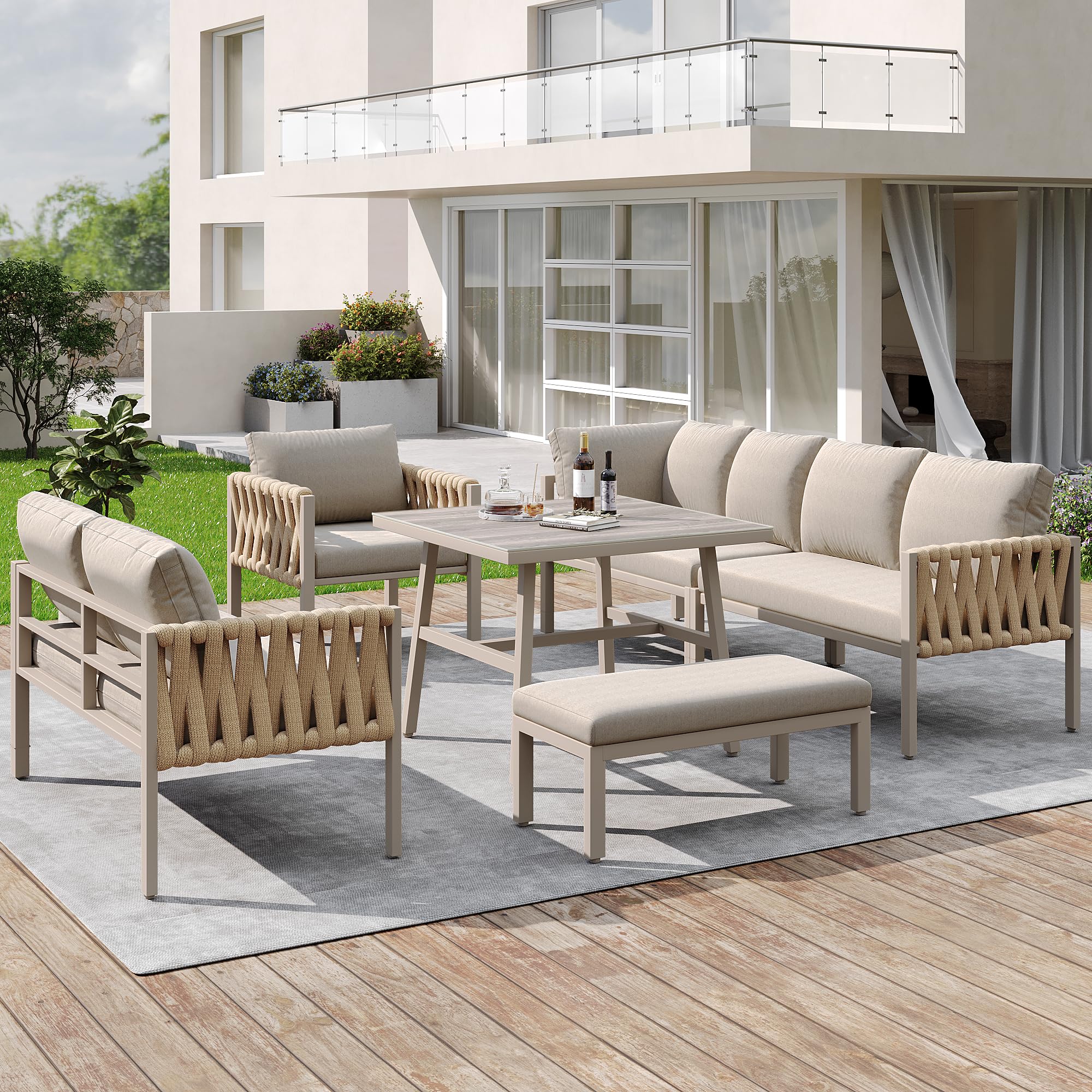 Set di mobili da giardino per 8-9 persone, set da salotto da giardino con cuscino e tavolo, divano angolare in ferro zincato, corda spessa intrecciata a mano, set da pranzo per giardino, balcone