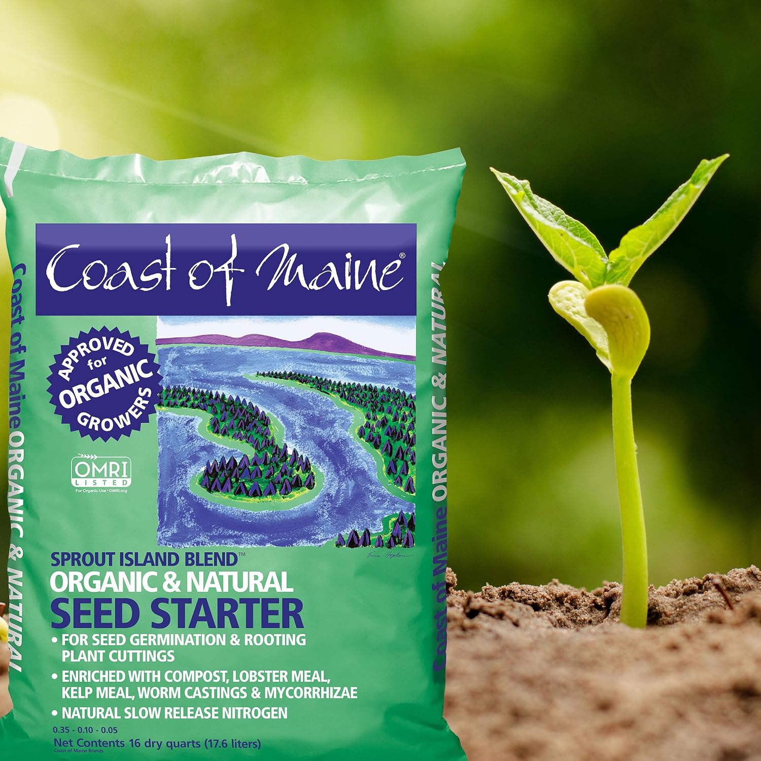 Coast of Maine Organic & Natural Sprout Island Blend Seed Starter - Seed Germination & Root Plant Cuttings w/ Composted Manure, Mycorrhizae, Worm Castings & Kelp - Enhanced Drainage (16 Qt)