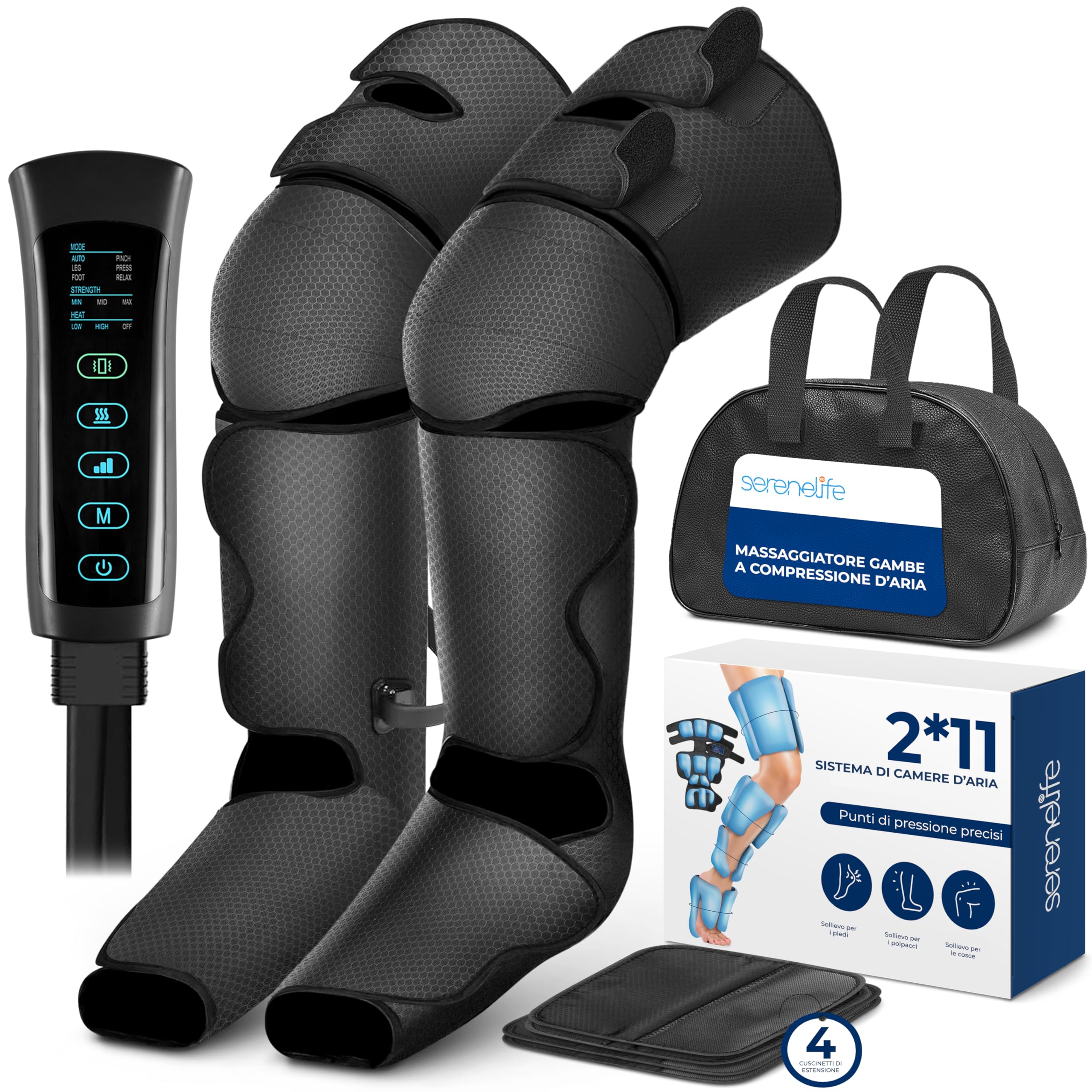 SereneLife Massaggiatore Gambe ad Aria per Ginocchio, Gomito e Spalla, Massaggio con 4 Vibrazioni, 2 Livelli Calore fino 53°C, 4 Cuscini d’Aria, Controller LED, Impacco Freddo