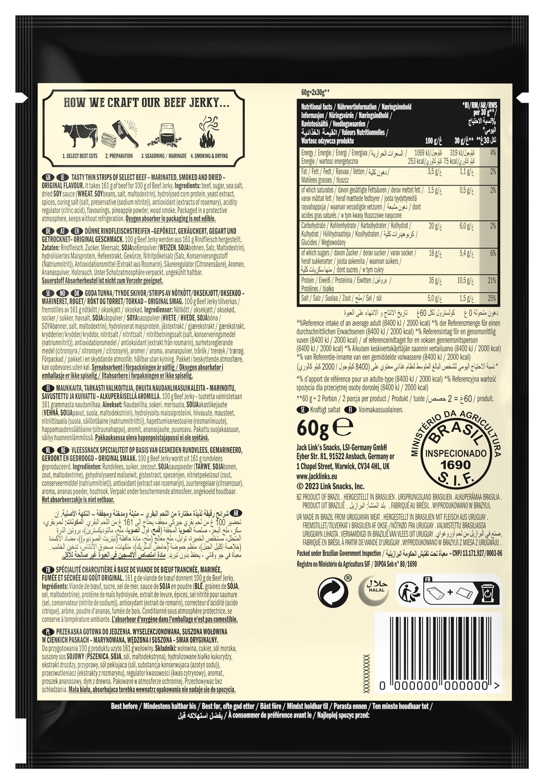 Jack Links Beef Jerky Original 12er Pack 12 x 60g Trockenfleisch High Protein Snack für Gym Fitness Outdoor