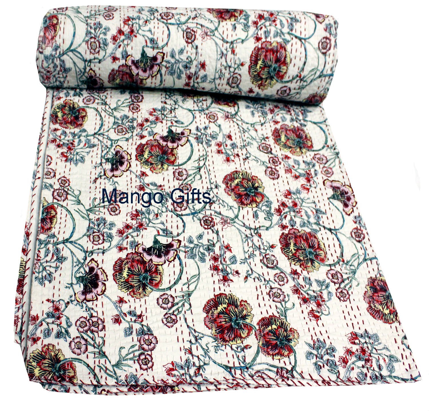 Couvre-lit indien Kantha coton imprimé floral grand lit 218x269cm