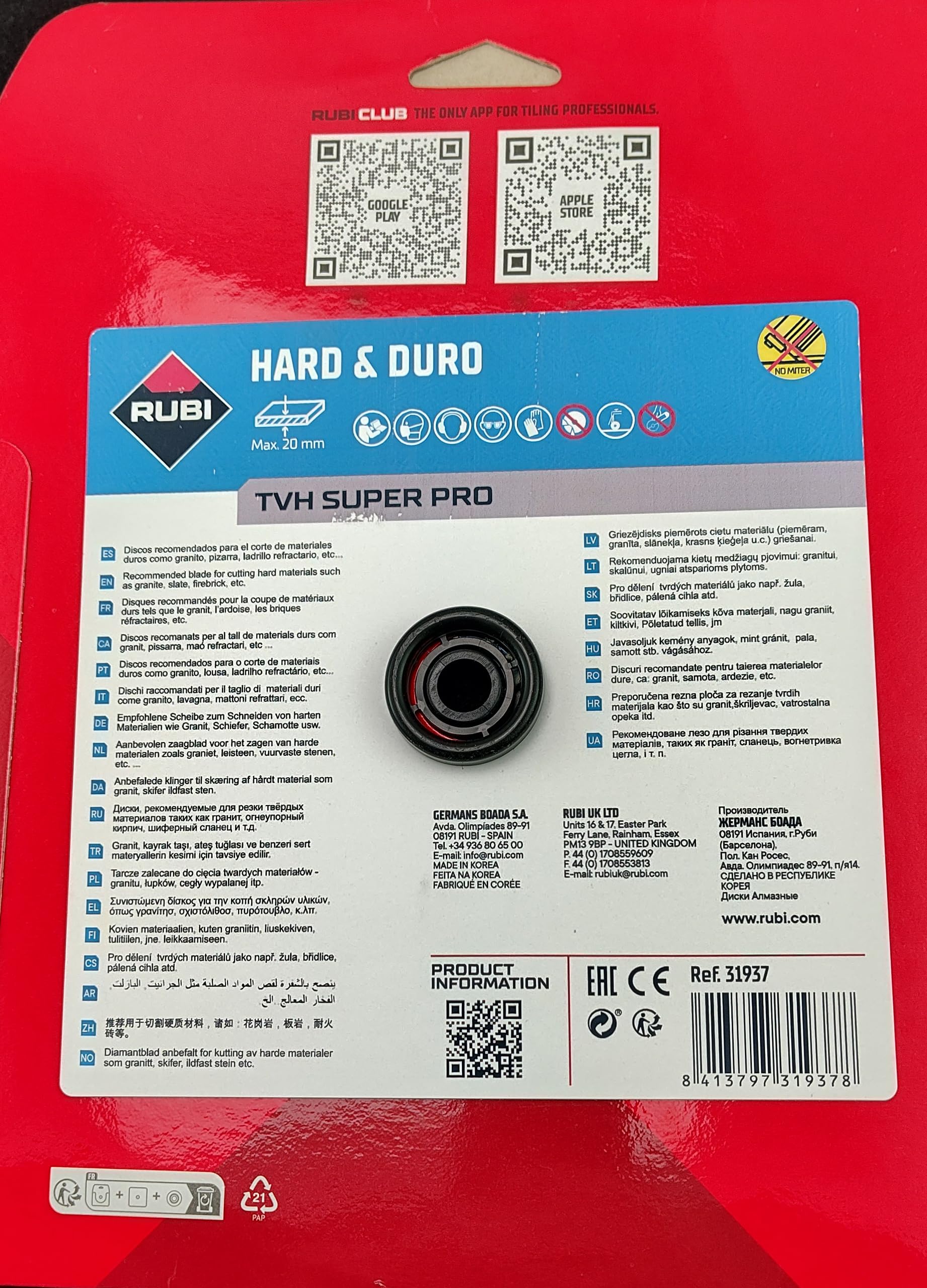 Rubi TVH SUPERPRO 250 x 25,4 x 1,6 mm Diamant Trennscheibe für harte Materialien
