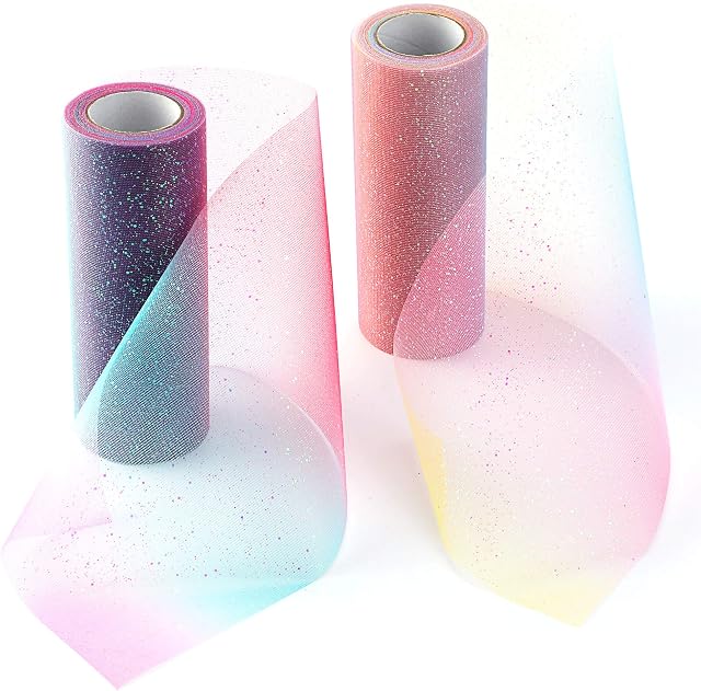HOWAF 6 x 10Yards/30FT Rainbow Glitter Tulle Rolls Spool Tulle for Table Runner Chair Sash Bow Tutu Skirt Sewing Art Craft Decor Fabric Wedding Unicorn Party Gift Ribbon, 2 Rolls