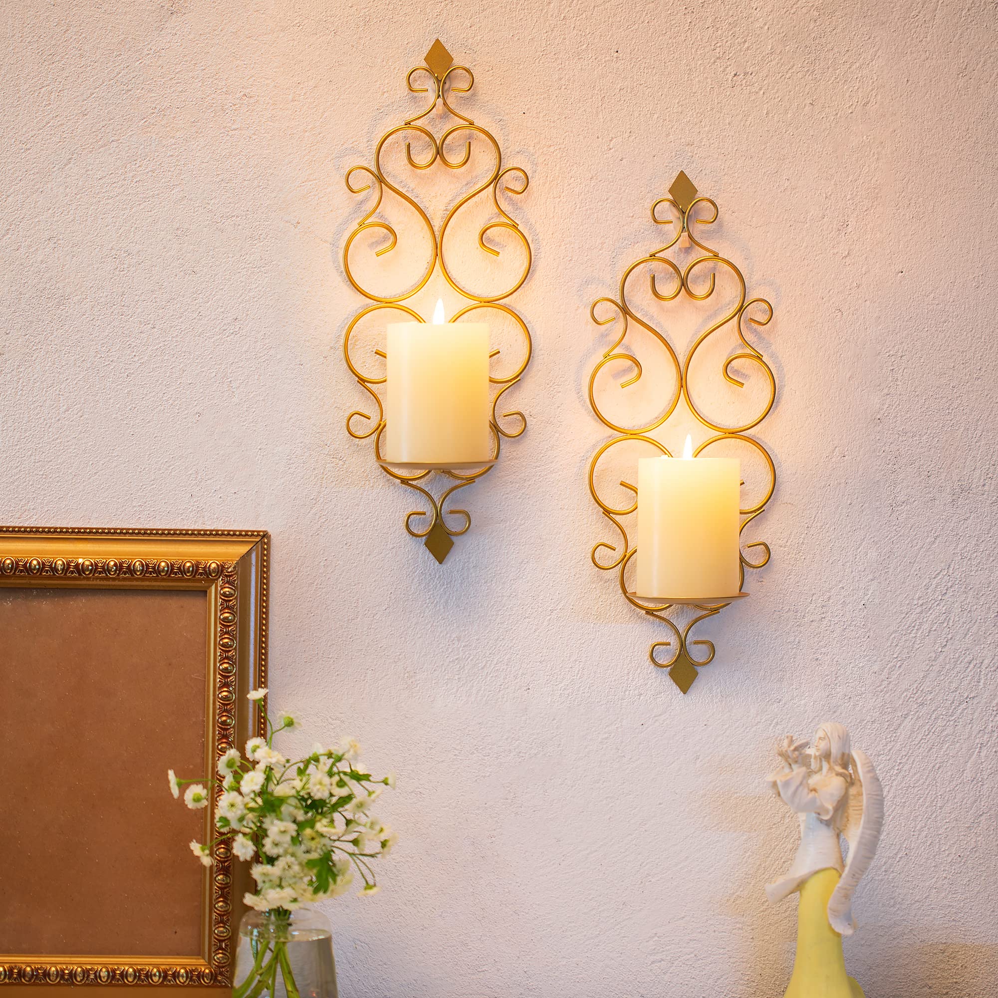 Goldene Wandkerzenleuchter – 2er-Set, 25 Cm Hoch, Mit Glaslampenschirmen, Rustikale Wanddekoration