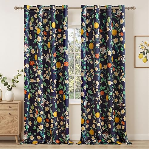 Miniatura 2 de Floral Curtains 100% Blackout, Vintage Hummingbird Black Out Curtain 84 Inches Long, Patterned Thermal Insulated Window Drapes 2 Panels, Grommet