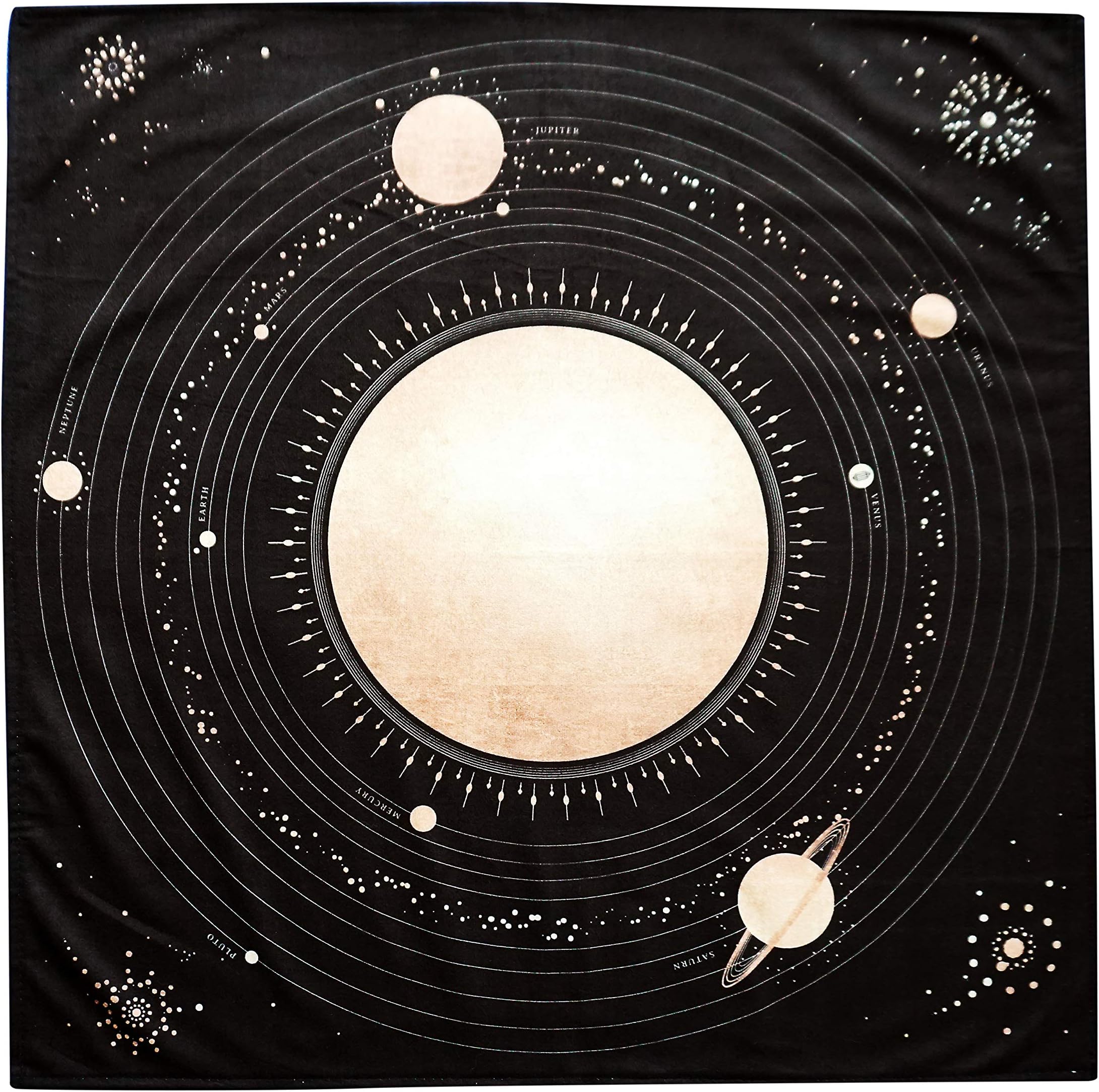 Altar Tarot Cloth with Planets and our Solar System, Large 24 Inches x 24 Inches, Black and Gold