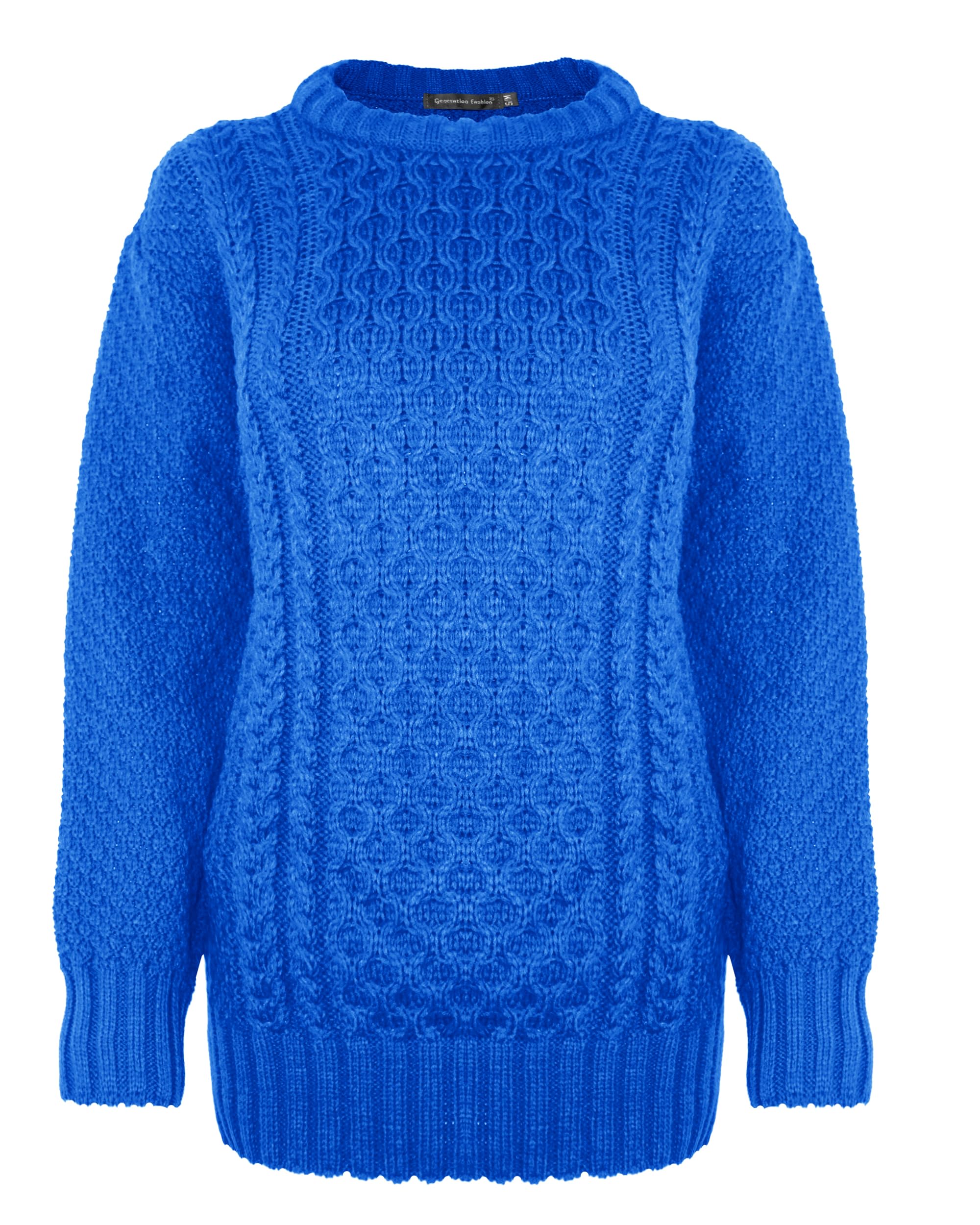 Generation Fashion New Ladies Women Aran Knit Long Sleeve Crew Neck Knitted Cable Jumper Sweater Pullover Top 8-30 (Royal Blue, SM)