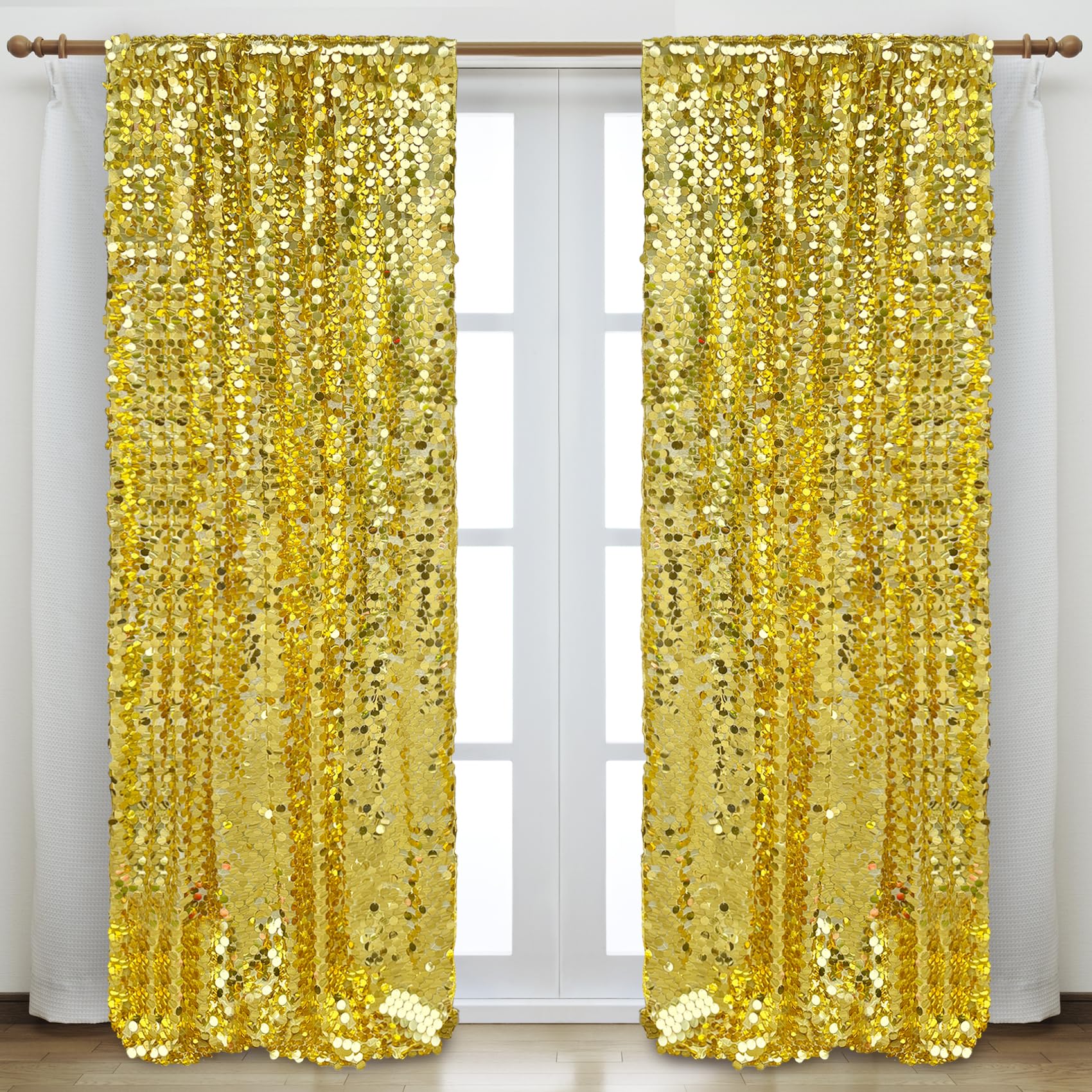 HMQIANG Gold Payette Sequin Backdrop, 4x10 Feet, 2 Panel Shimmer Large Sequin Backdrop Curtain for Decor, Parties, Home