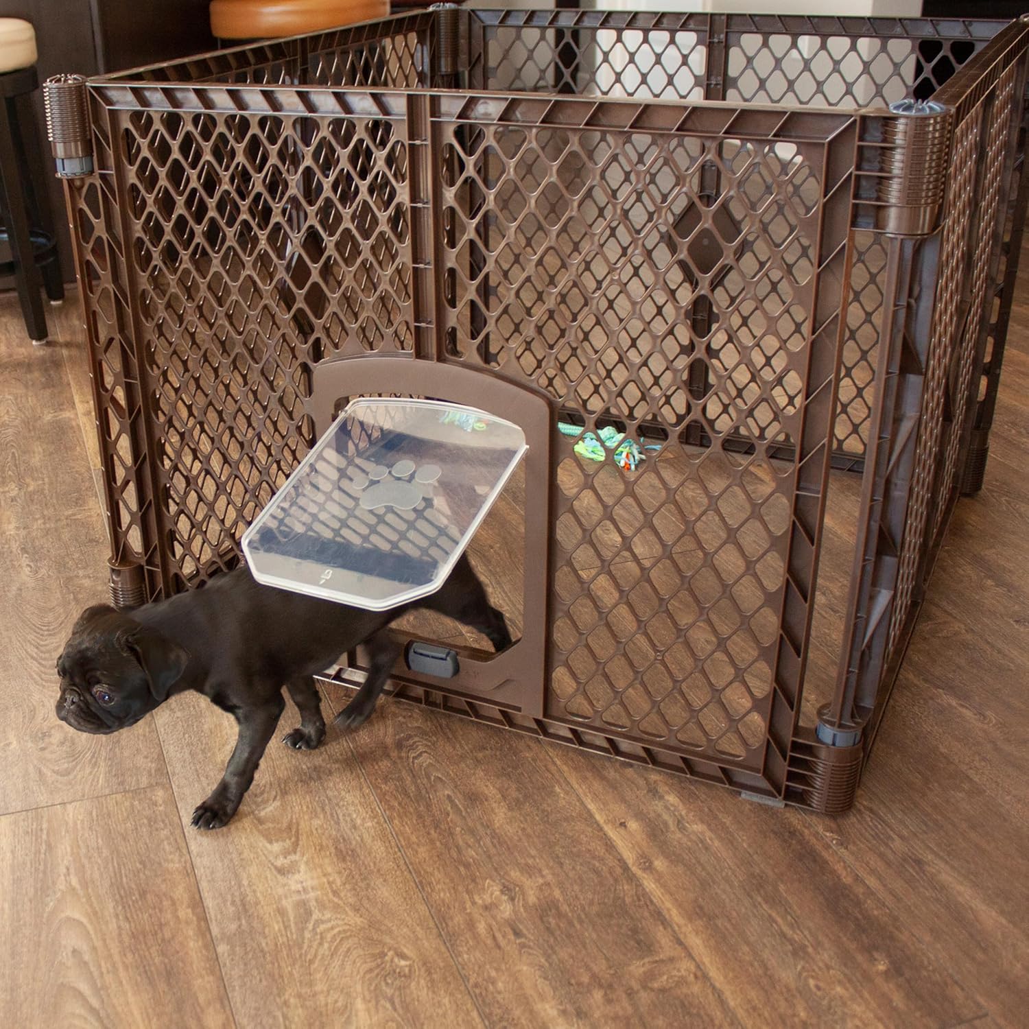 MyPet North States Petyard Passage: 4-Panel Folding Dog Playpen Indoor or Outdoor. 7 sq. ft. Puppy Playpen, Lockable Pet Door. Freestanding Play Pen Dog Gate. Made in USA. 26" Tall, Brown