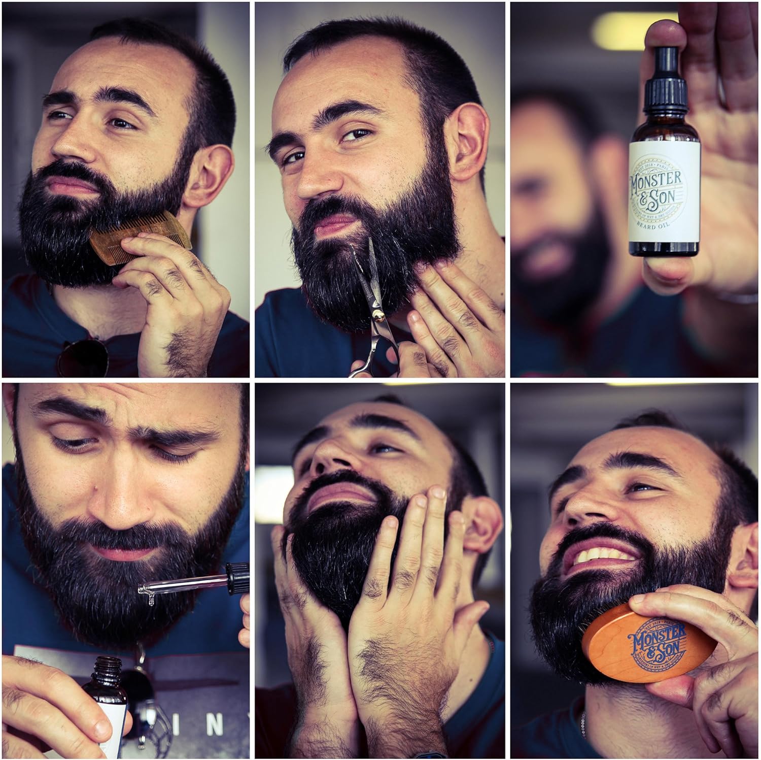 Monster&Son Premium 7-Item Organic Beard Kit - Beard Oil, Beard Balm, Beard Brush, Beard Comb, Scissors, Canvas Travel Bag - Male Grooming Kit in Gift Box - Great Mens Birthday Gift - Father's Day