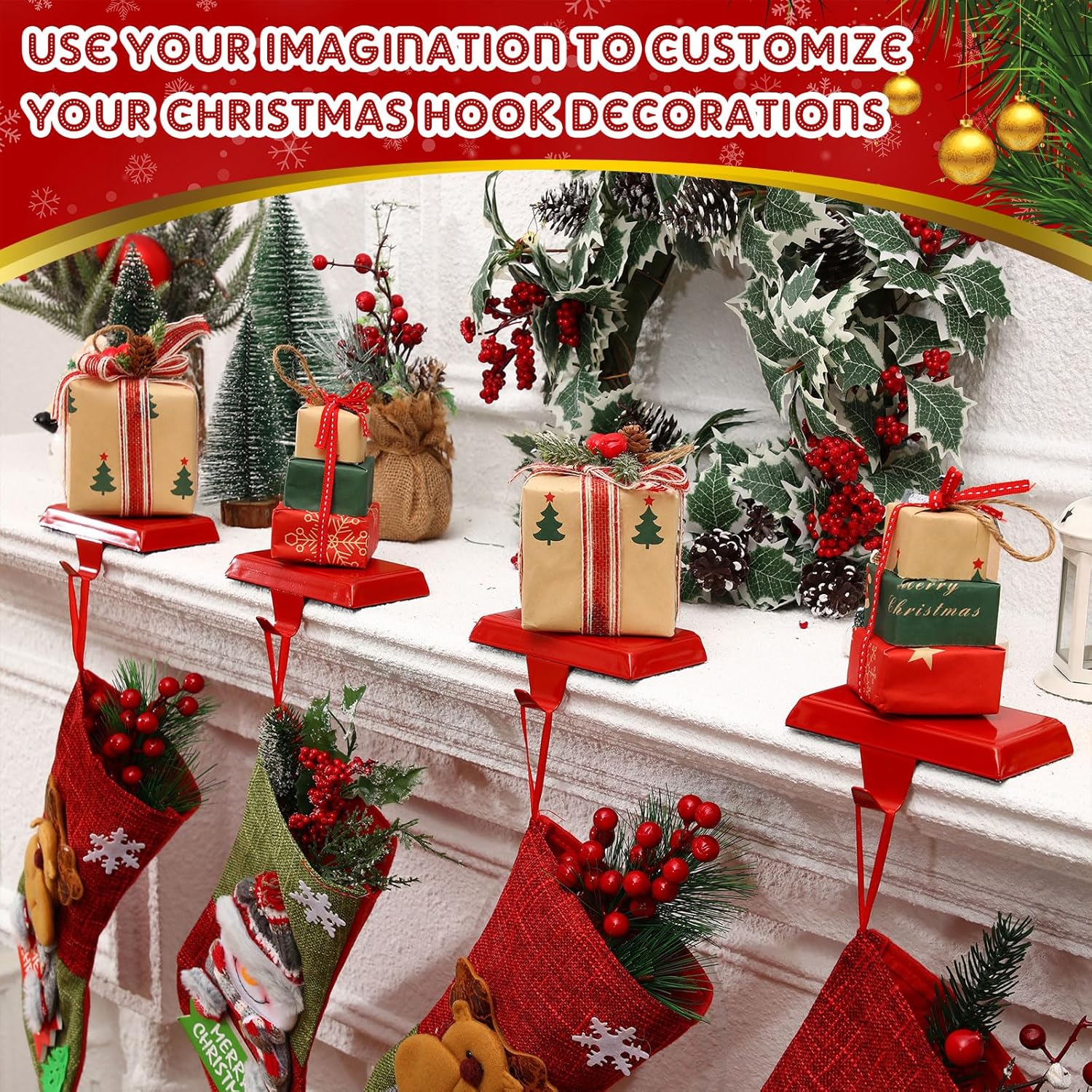 Zhengmy Christmas Stocking Holders for Mantle Weighted Stocking Holder Fireplace Hangers for Xmas Holiday Party Decoration(Stainless Steel,Red,4 Pcs)