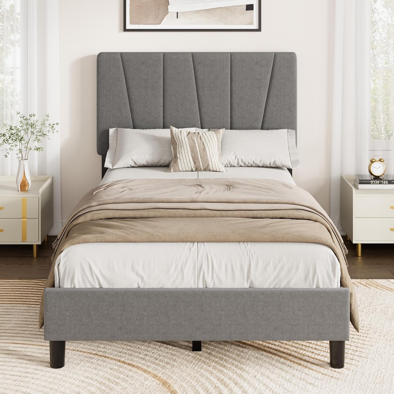 Twin Size Platform Bed Frame for Kids, Linen Upholstered Headboard & Wooden Slats Support, Noise-Free Mattress Foundation/No Box Spring Needed/Easy Assembly, Boys Girls Bed,Bedroom Furniture