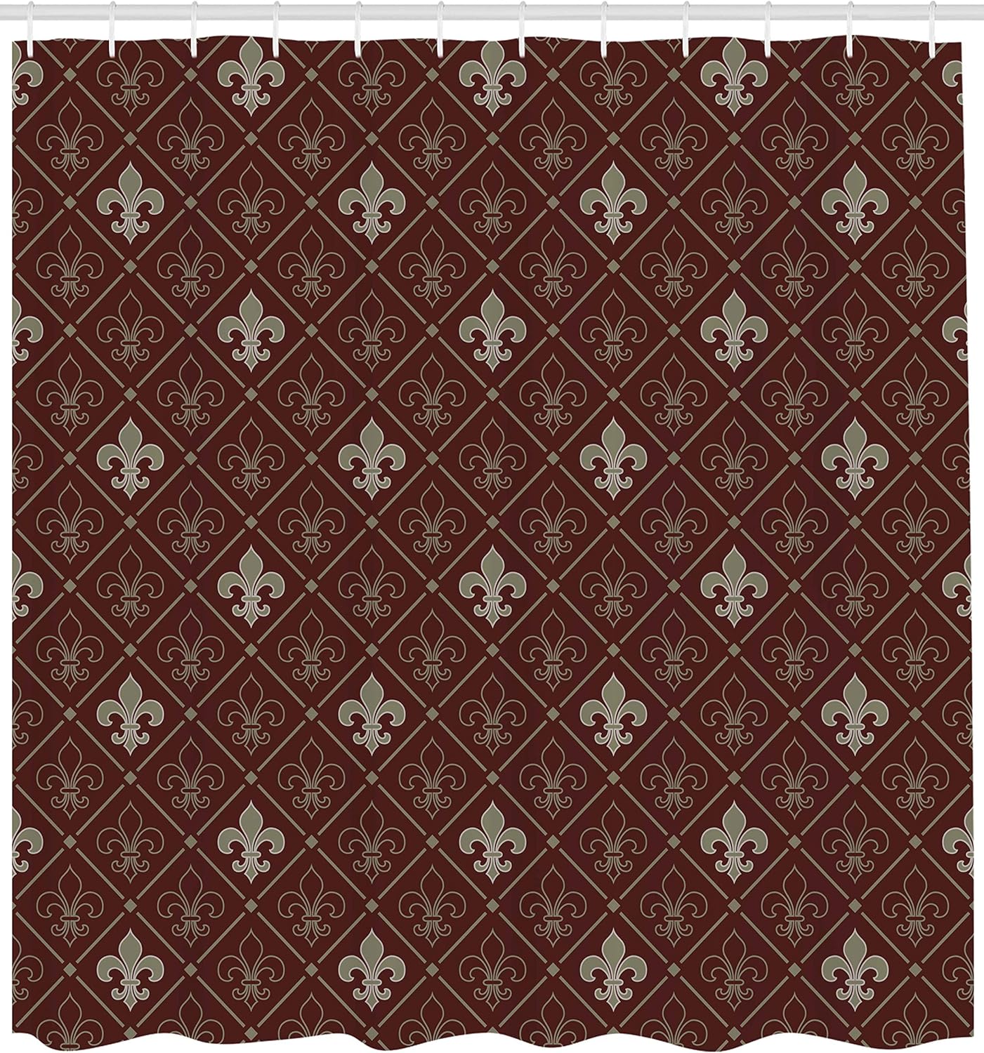 Ambesonne Fleur De Lis Shower Curtain, Fleur-de-Lis in Diamond Shape Lines Classical Cultural Victorian Style, Cloth Fabric Bathroom Decor Set with Hooks, 69" W x 84" L, Green Maroon