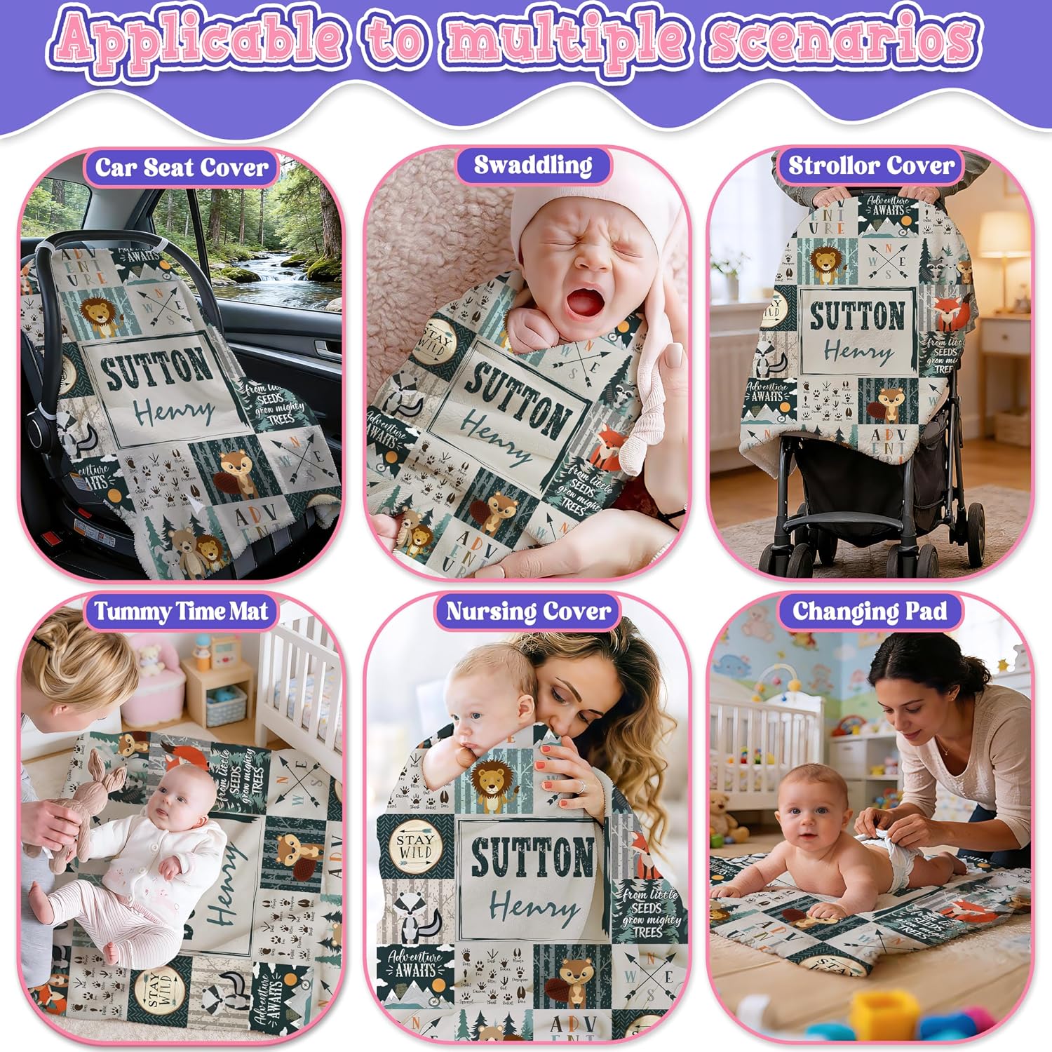 Personalized Woodland Animal Baby Blanket,Custom Deer Bear Receiving Blanket with Name,Forest Animals Theme Nursery Bedding Customized Gifts for Boy Girl,Soft Cozy Swaddle Crib Throw 40"x50"-Kids Size