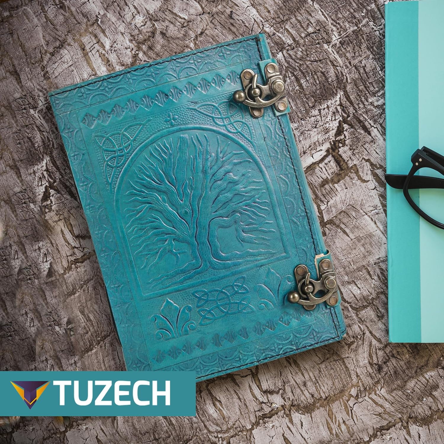600 Pages Handmade Large Leather Journal Diary Embossed Tree of Life Book Of Shadows Notebook Writing Seven Chakra Grimoire Sketchbook 7 x 10 Leather Bound (Ocean Blue)