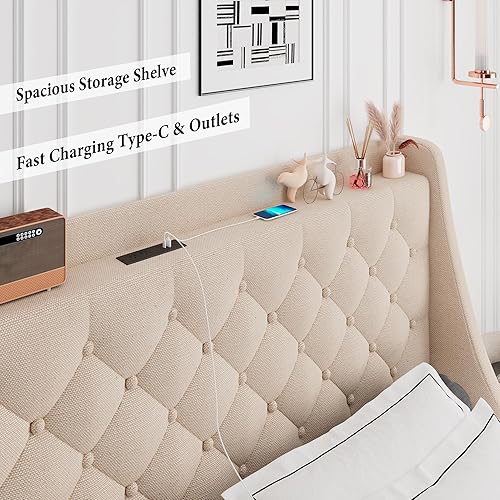 Miniatura 5 de iPormis Base de cama Queen con 4 cajones de almacenamiento, base de cama tapizada con puertos tipo C y USB, cabecera de almacenamiento con respaldo