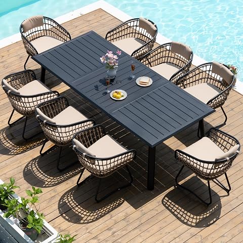Pellebant 9-Piece Outdoor Dining Set for 8, Aluminum Table & Wicker Chairs