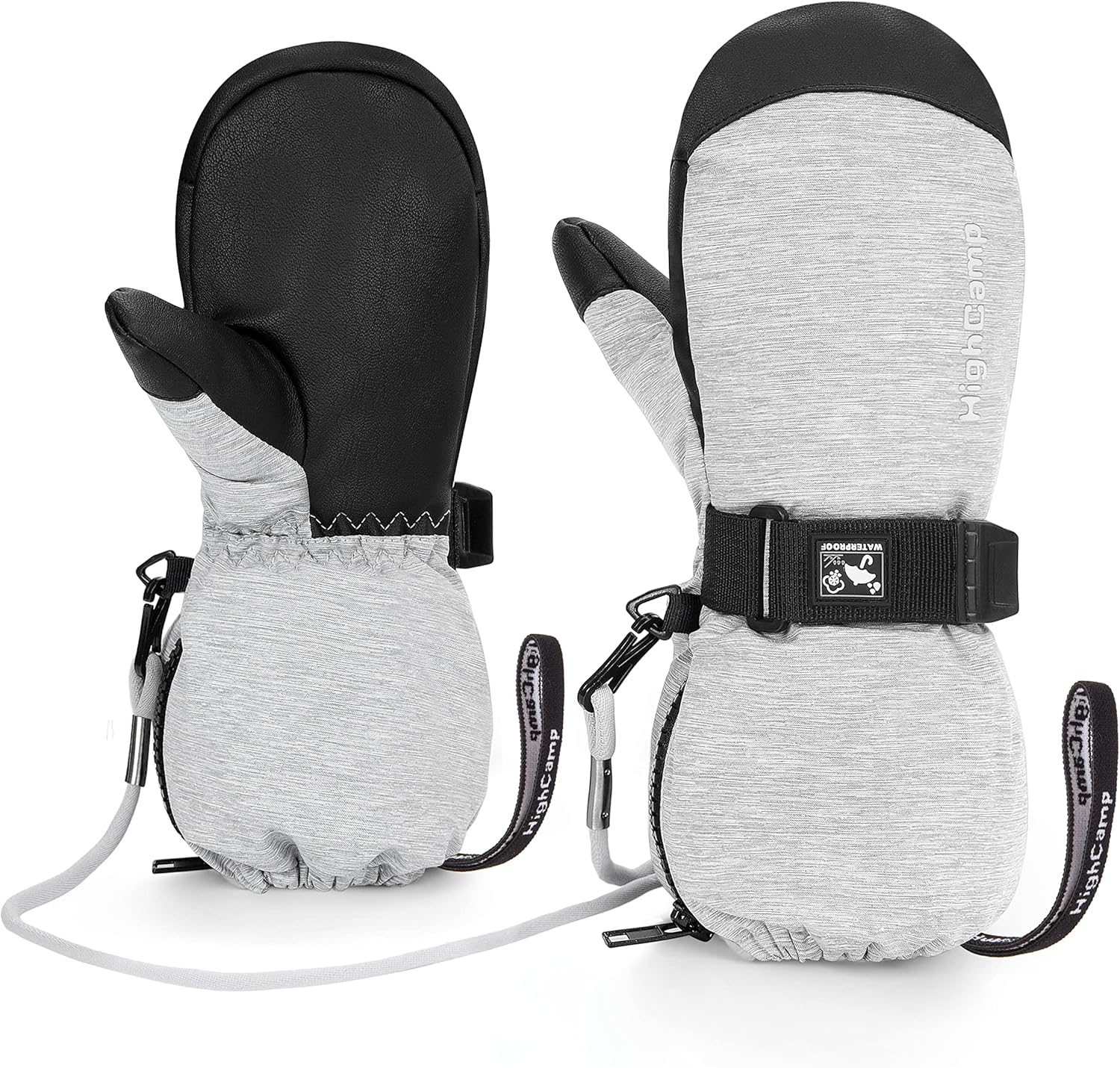 HIGHCAMP Kids Waterproof Snow Ski Gloves w/Zipper & String on Long Cuff Cold Weather Mitten for Toddler & Youth Boys Girls