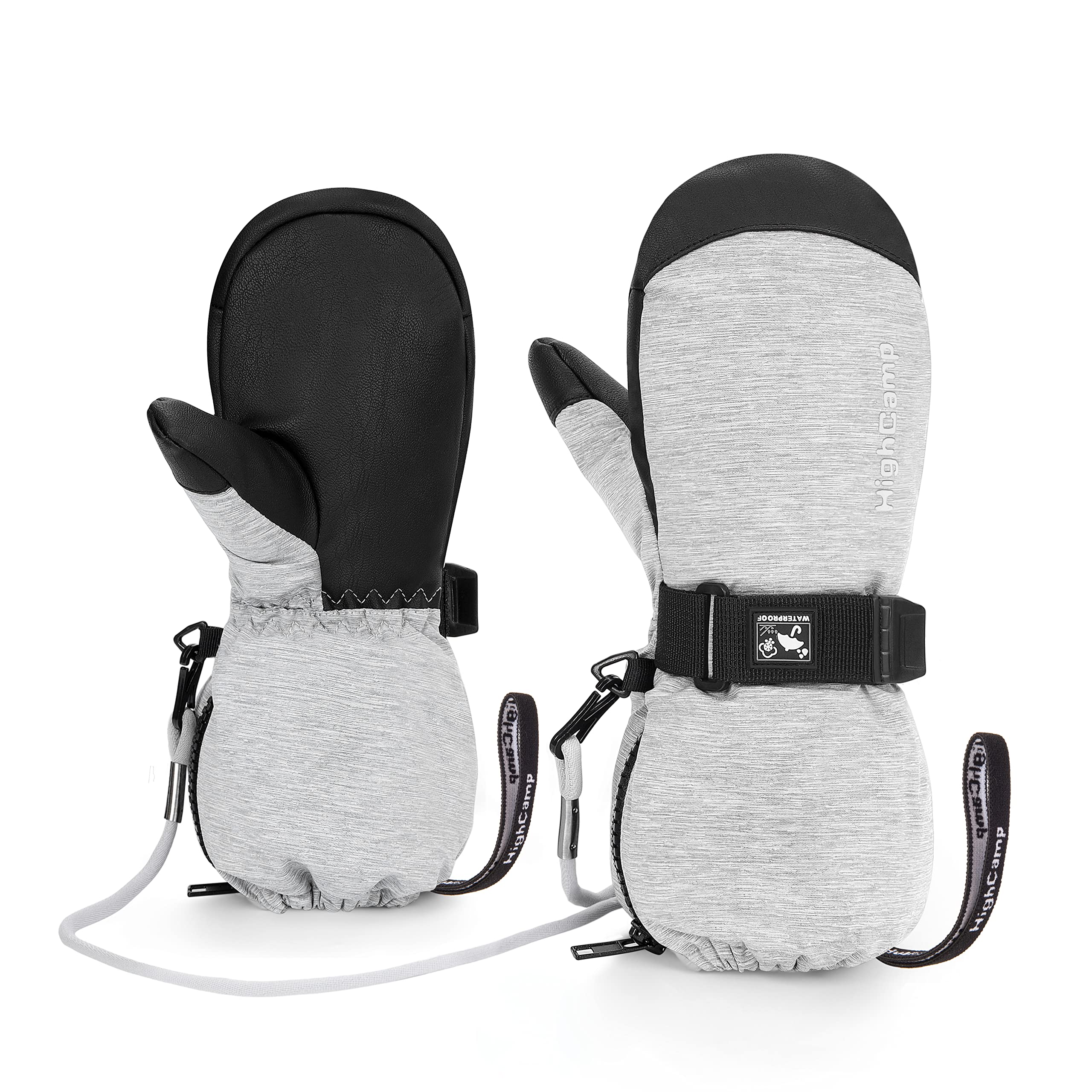 HIGHCAMP Kids Waterproof Snow Ski Gloves w/Zipper &amp; String on Long Cuff Cold Weather Mitten for Toddler &amp; Youth Boys Girls