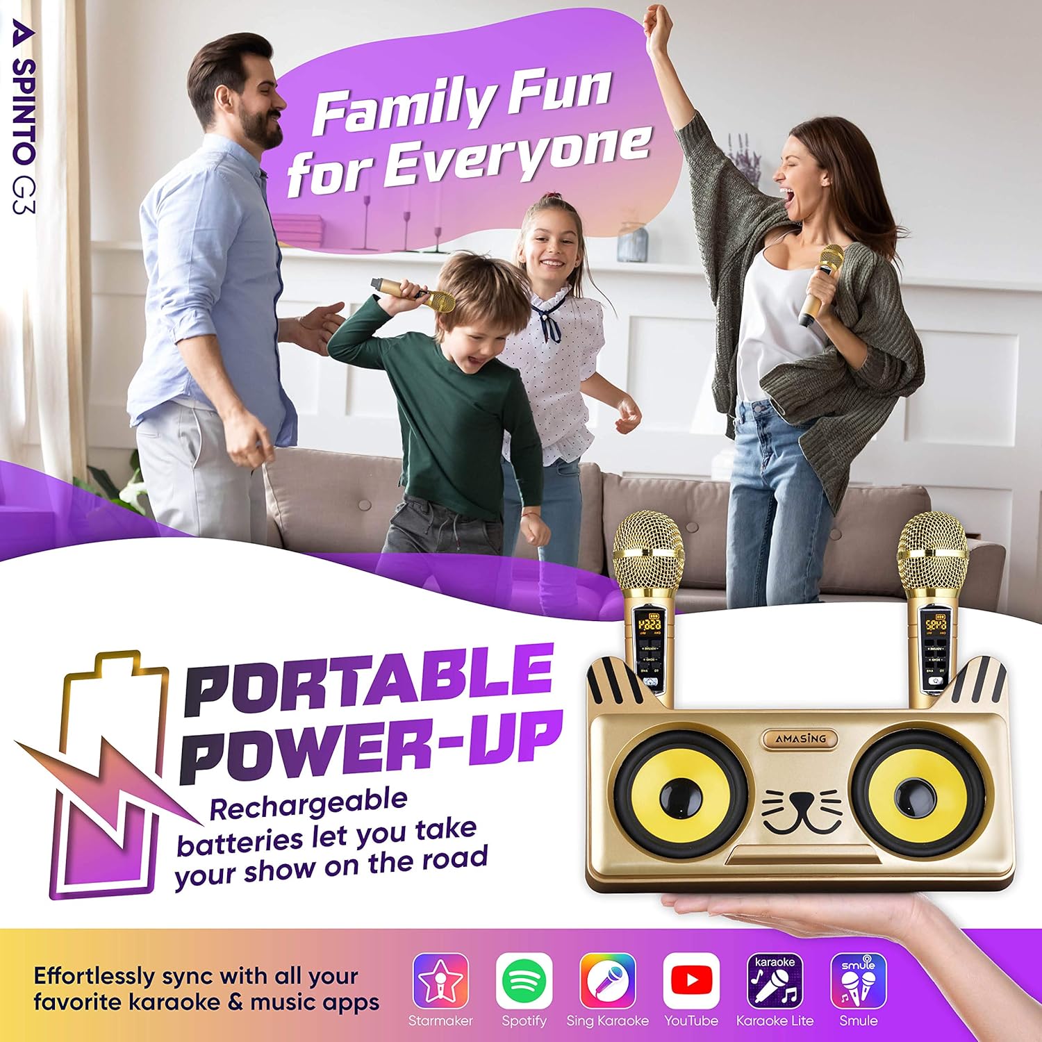 MASINGO Kitty Cat Karaoke Machine for Kids, Children and Toddlers with 2 Wireless Bluetooth Microphones, PA Speaker System Includes Lyrics Display Phone Holder, TV Cable and Singer Vocal Removal Mode