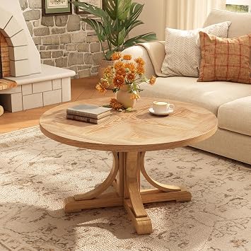 33.5"D Round Wood Coffee Table with Pedestal Base, Splicing Top