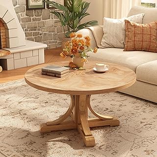 PADMA HOUSE Round Wood Coffee Table with Pedestal Base, Wooden Circle Center Table with Splicing Wood Tabletop, Farmhouse Cocktail Table w/Post and Curved Bracket Base,33.5" x 33.5"