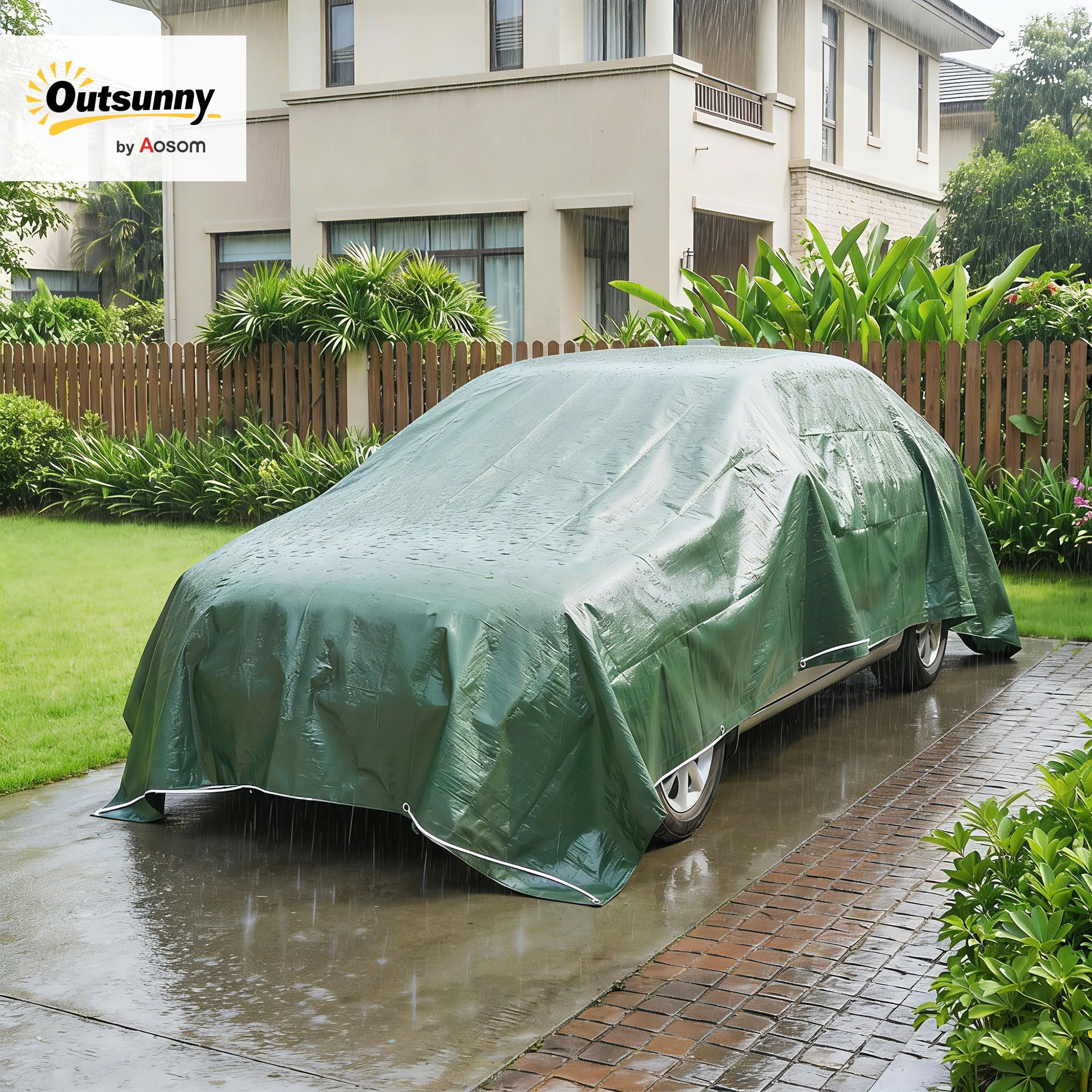 Outsunny Lona Impermeable Exterior 4x6 m, Toldo PE Resistente a Rasgaduras 90 g/m², Protección UV, con Ojales Reforzados para Leña, Muebles de Jardín, Invernaderos, Vehículos, Verde