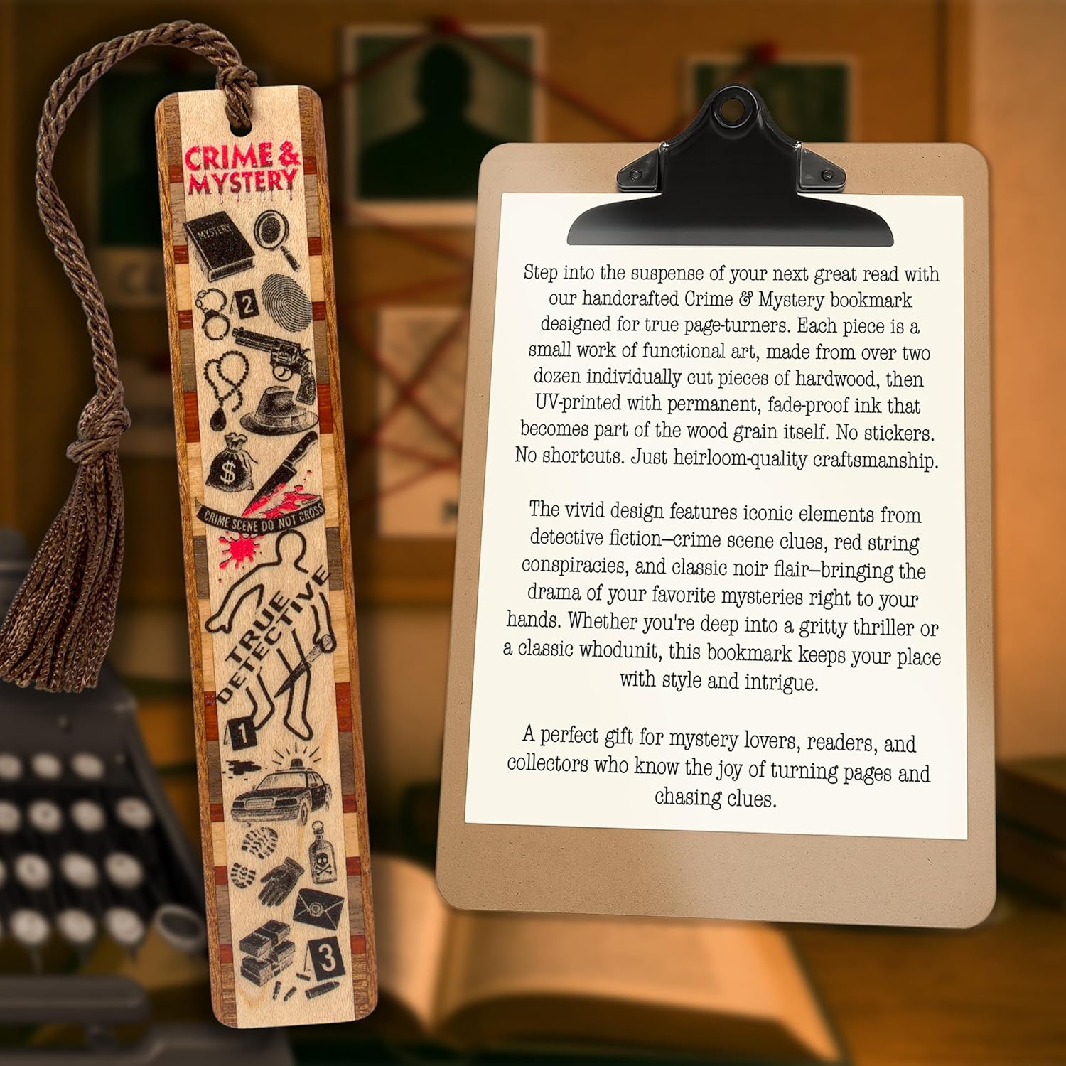 Personalized Crime & Mystery Bookmark – Handcrafted Wood Detective Theme Icons – Perfect Gift for Thriller and Whodunit Fans