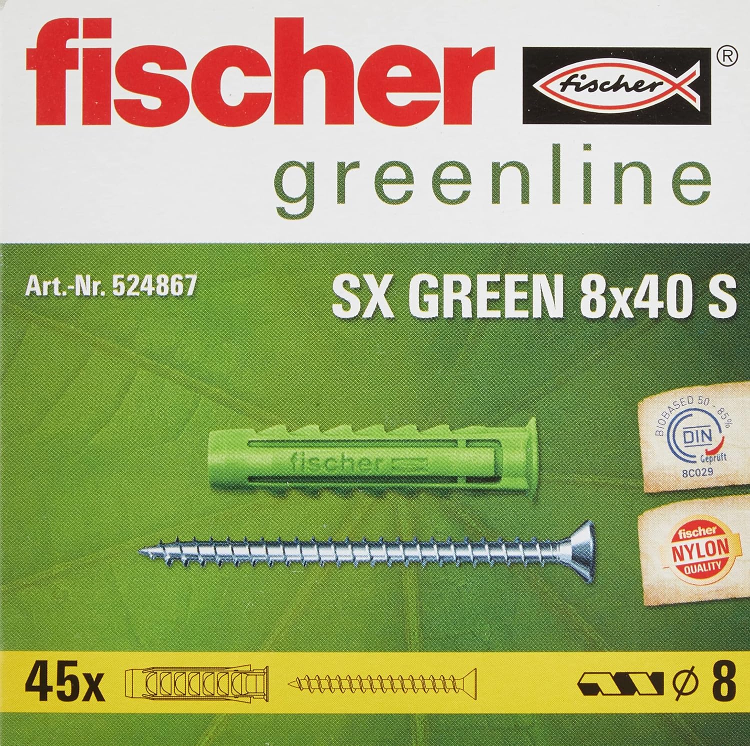 fischer 524867 SX Green Expansion Wall Plug with Screw - 8 x 40 (Pack of 45)