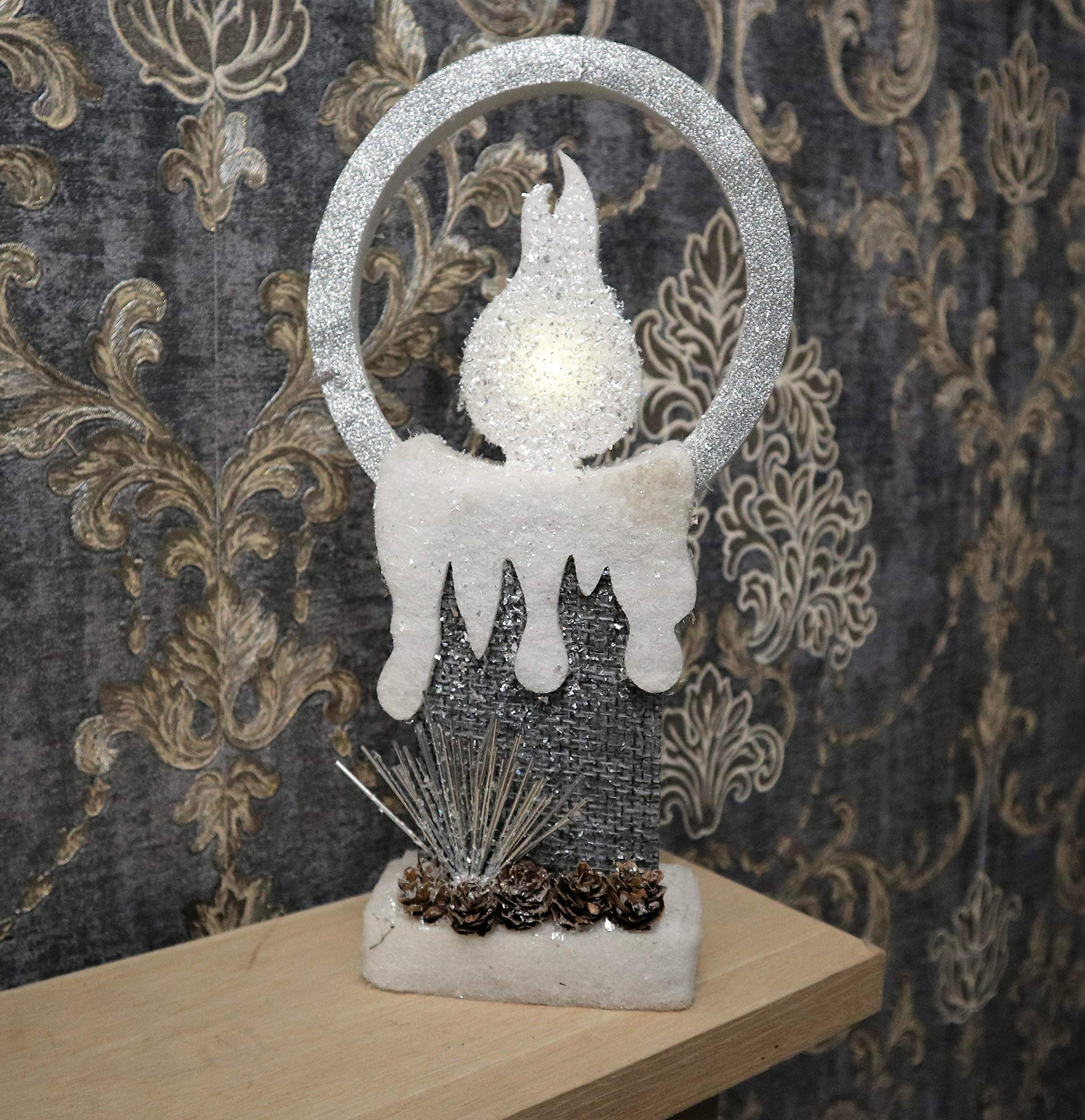 41Cm Christmas Pre Lit Candle Battery Operated Glitter Foam Snow Covered Finish Table Decoration Grey