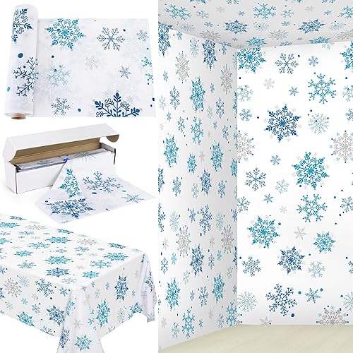 Miniatura 15 de Kochorie Rollo de mantel de copo de nieve azul de 100 pies x 54 pulgadas con caja cortadora, mantel desechable impreso con copos de nieve