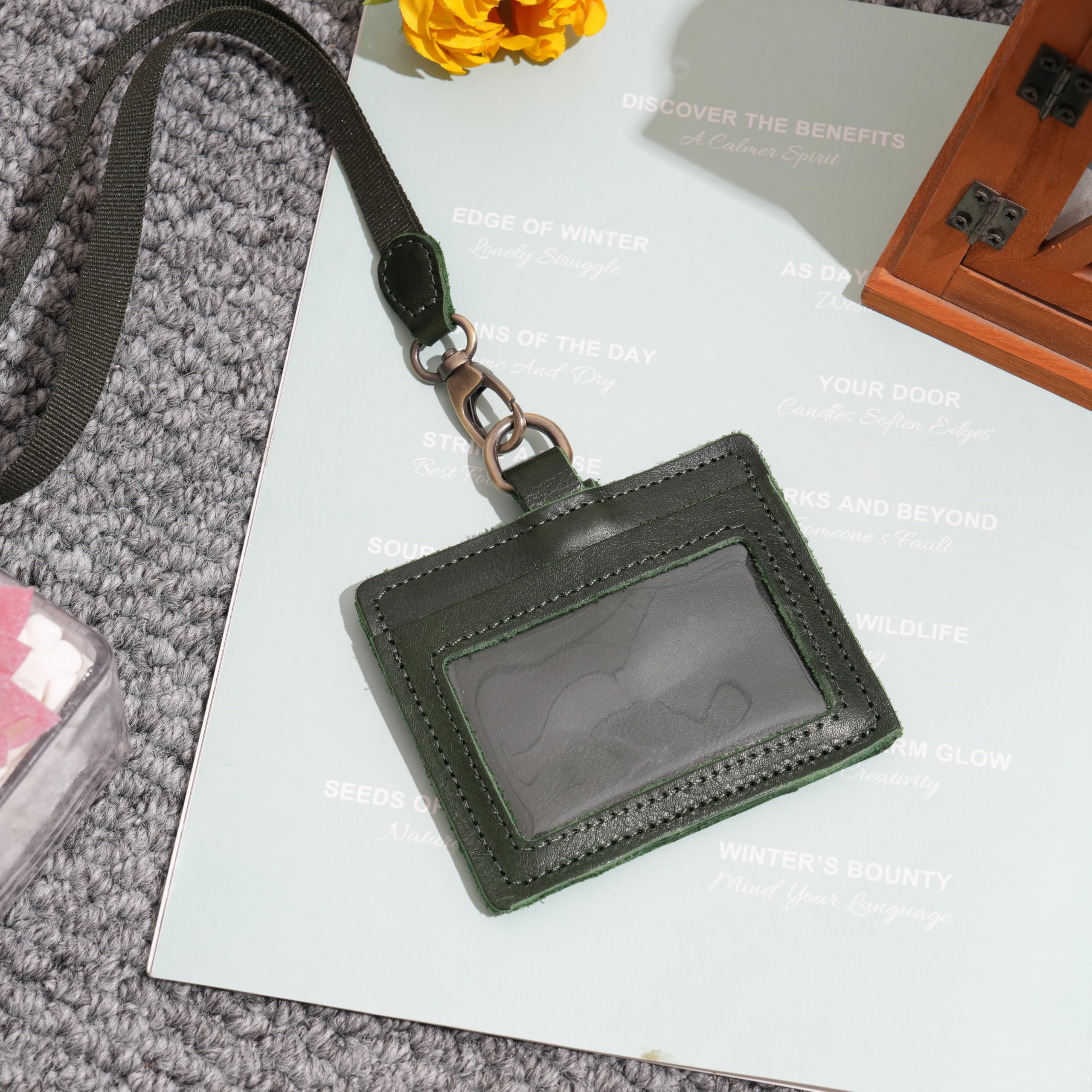 Wonderpool Leather Horizontal Badge Holder with Detachable Neck Lanyard and Retractable Badge Reel Clip - Image 3